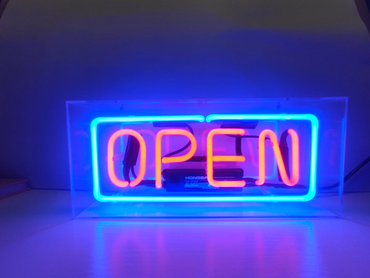 "Open" Acrylbox Neonschrift, Glas Neonschrift, Tisch Neonschrift