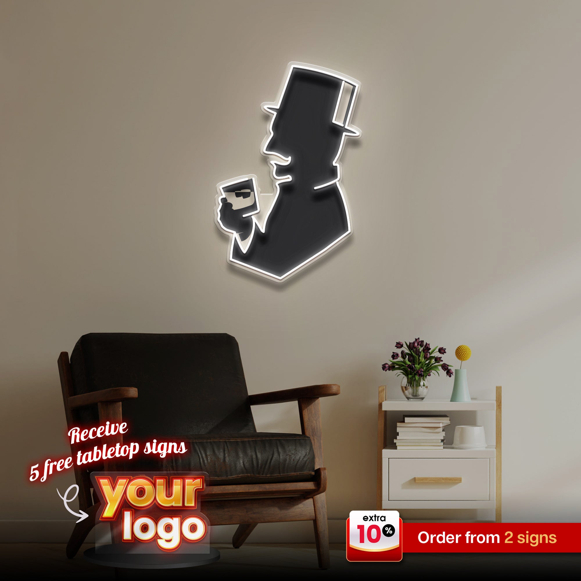 Gentleman with Top Hat & Wine Glass Neon Sign