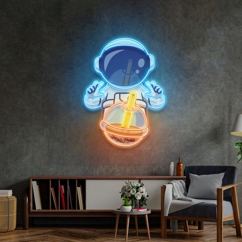 Astronaut Trinkt Milchtee LED Neon Pop Art