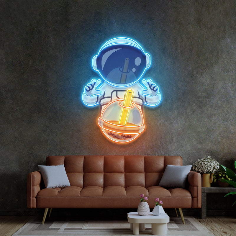 Astronaut Trinkt Milchtee LED Neon Pop Art