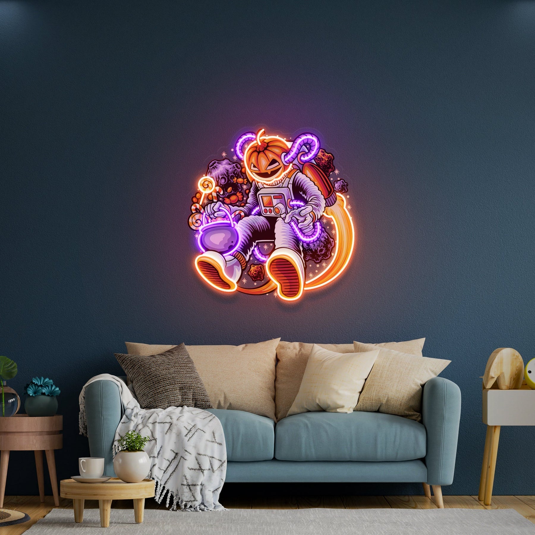 Astronauten Halloween Kürbis Kunstwerk LED Neon – Spaciger Gruselspaß für Ihr Zuhause