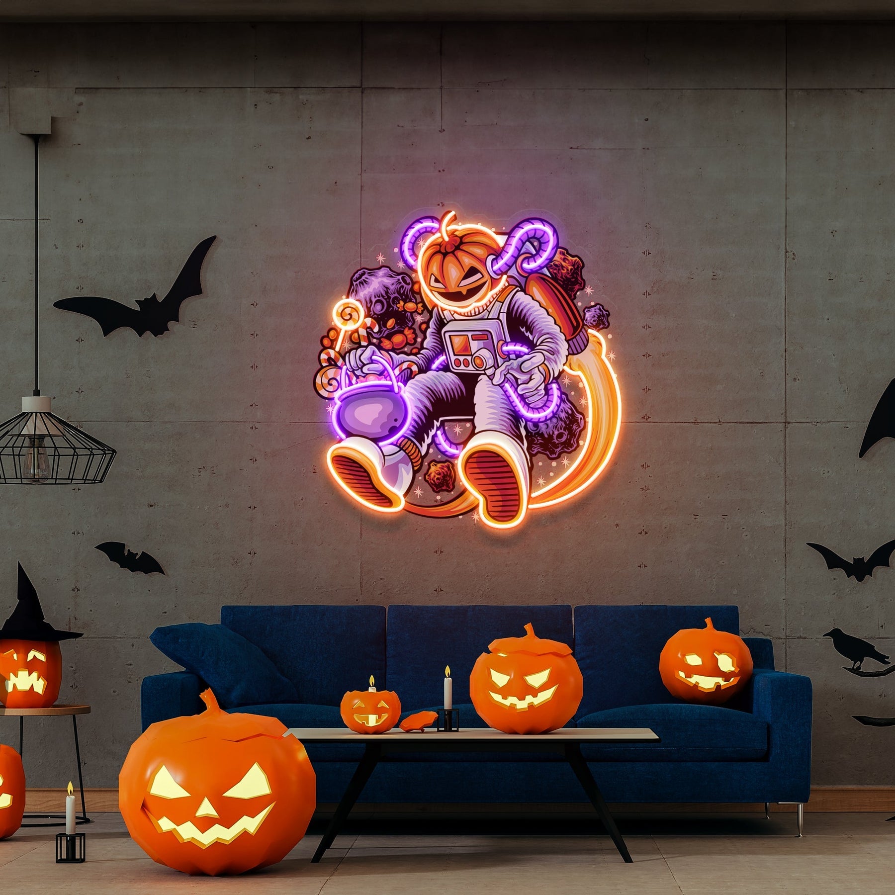Astronauten Halloween Kürbis Kunstwerk LED Neon – Spaciger Gruselspaß für Ihr Zuhause