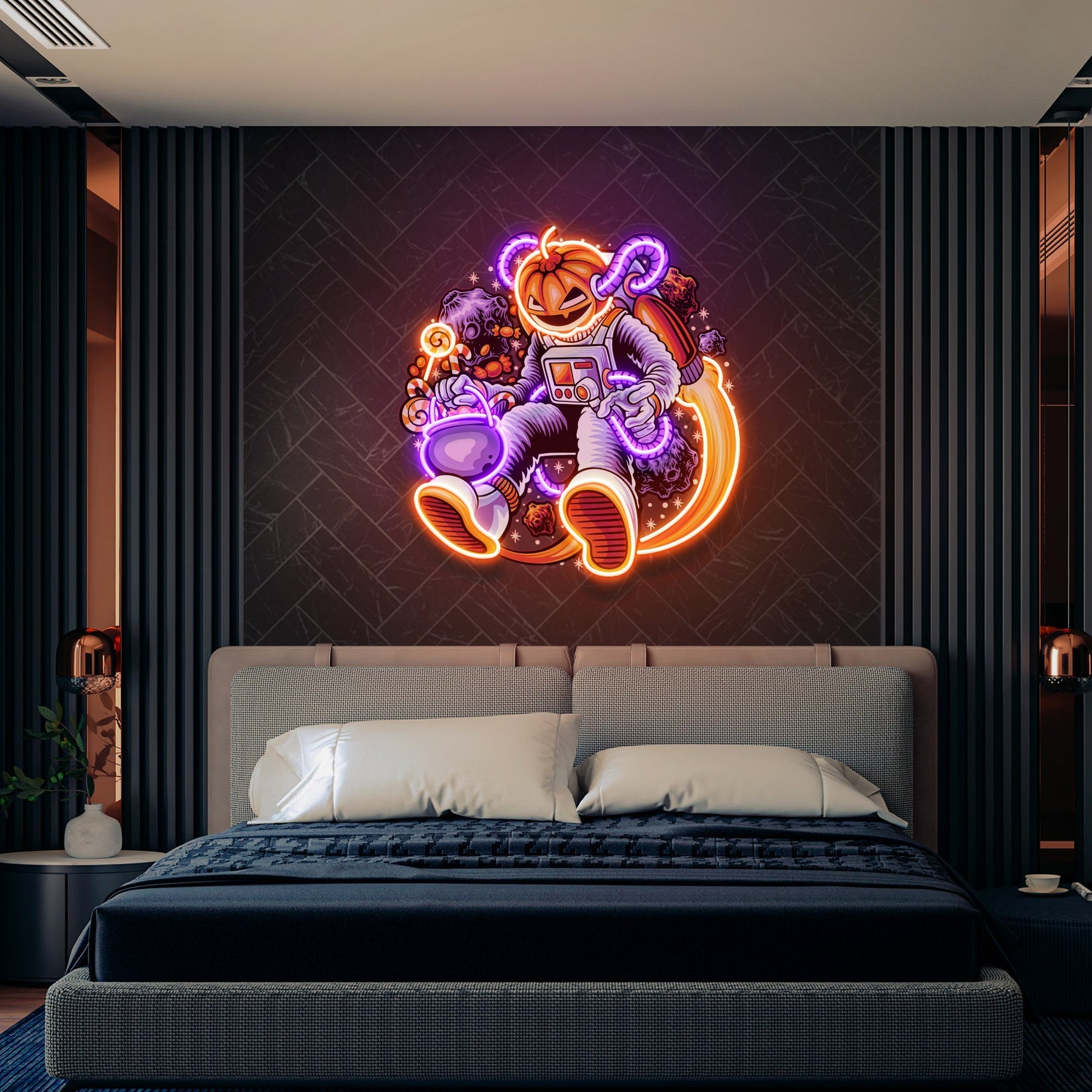 Astronauten Halloween Kürbis Kunstwerk LED Neon – Spaciger Gruselspaß für Ihr Zuhause