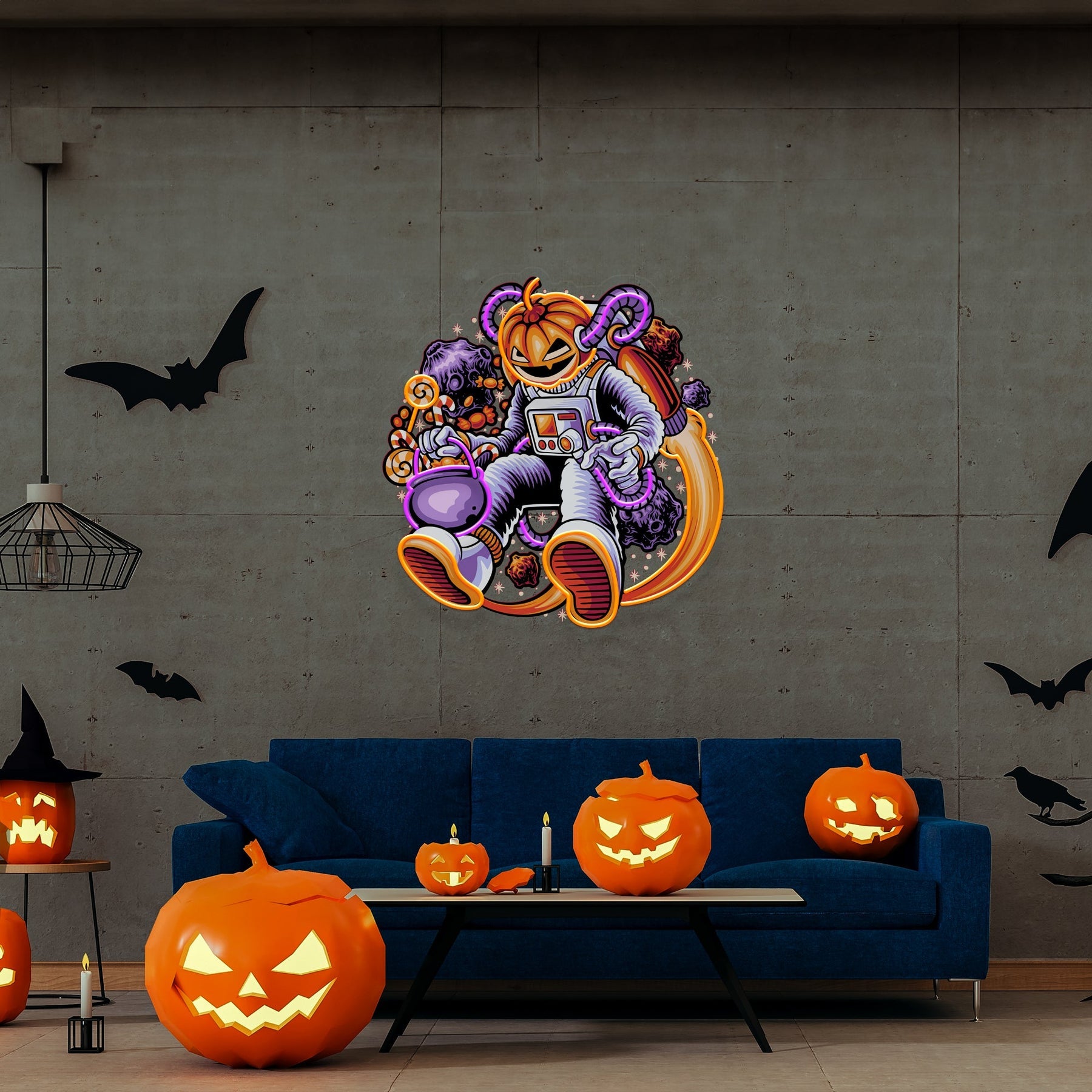 Astronauten Halloween Kürbis Kunstwerk LED Neon – Spaciger Gruselspaß für Ihr Zuhause