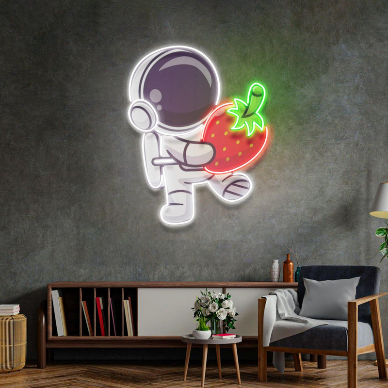 Astronaut mit Erdbeer LED Neon Acryl Kunstwerk