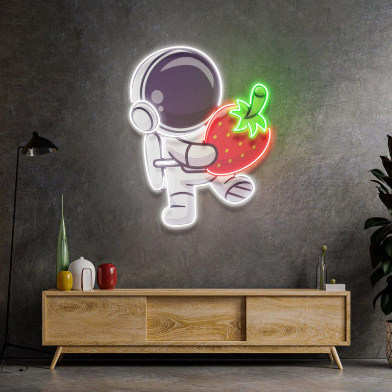 Astronaut mit Erdbeer LED Neon Acryl Kunstwerk