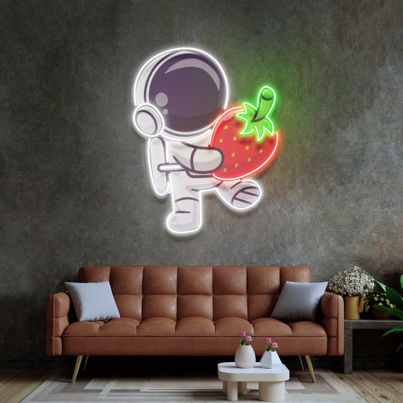 Astronaut mit Erdbeer LED Neon Acryl Kunstwerk