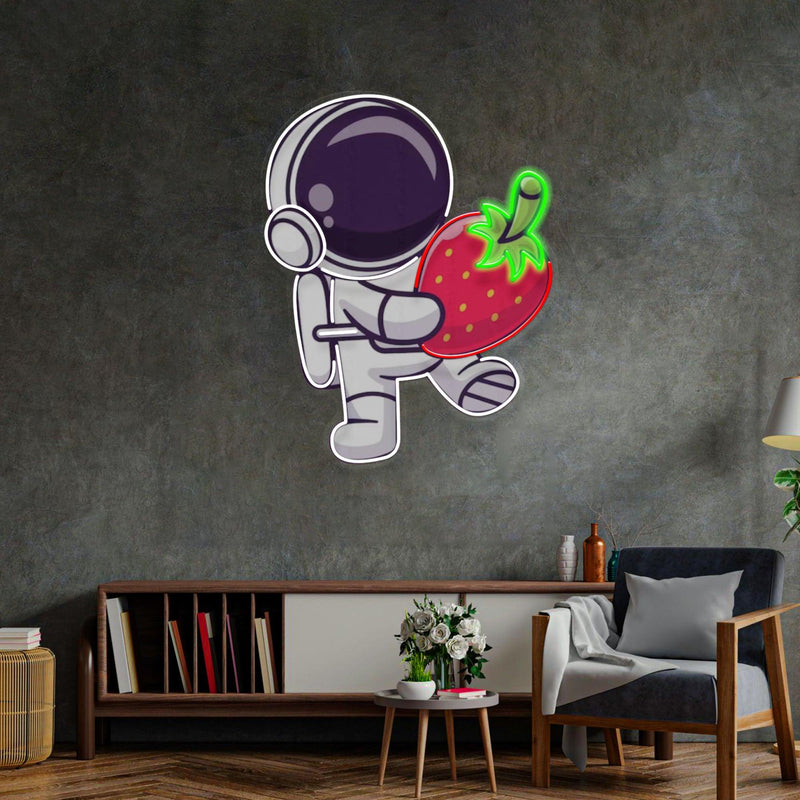 Astronaut mit Erdbeer LED Neon Acryl Kunstwerk