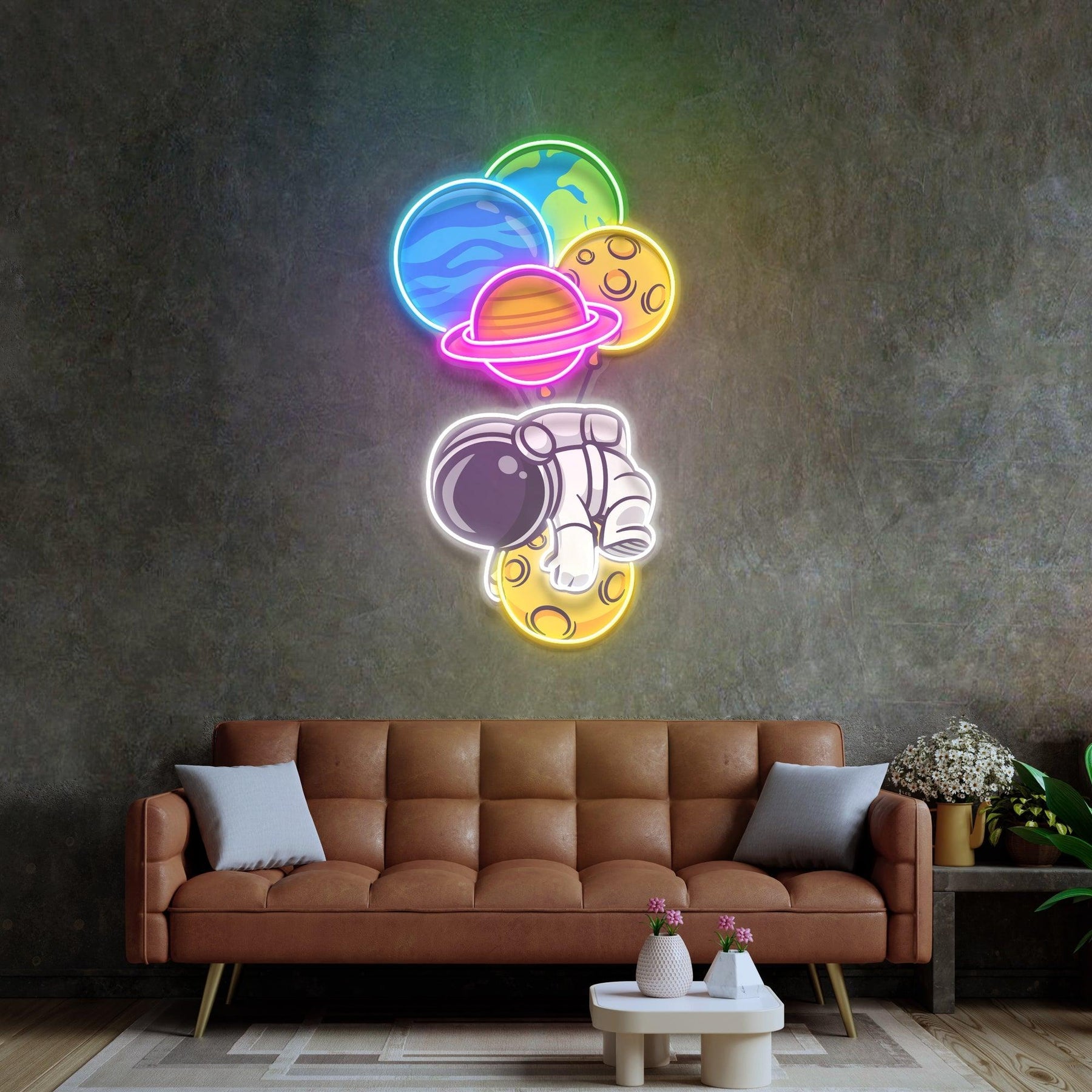 Astronaut umarmt den Planeten LED Neon Acryl Kunstwerk