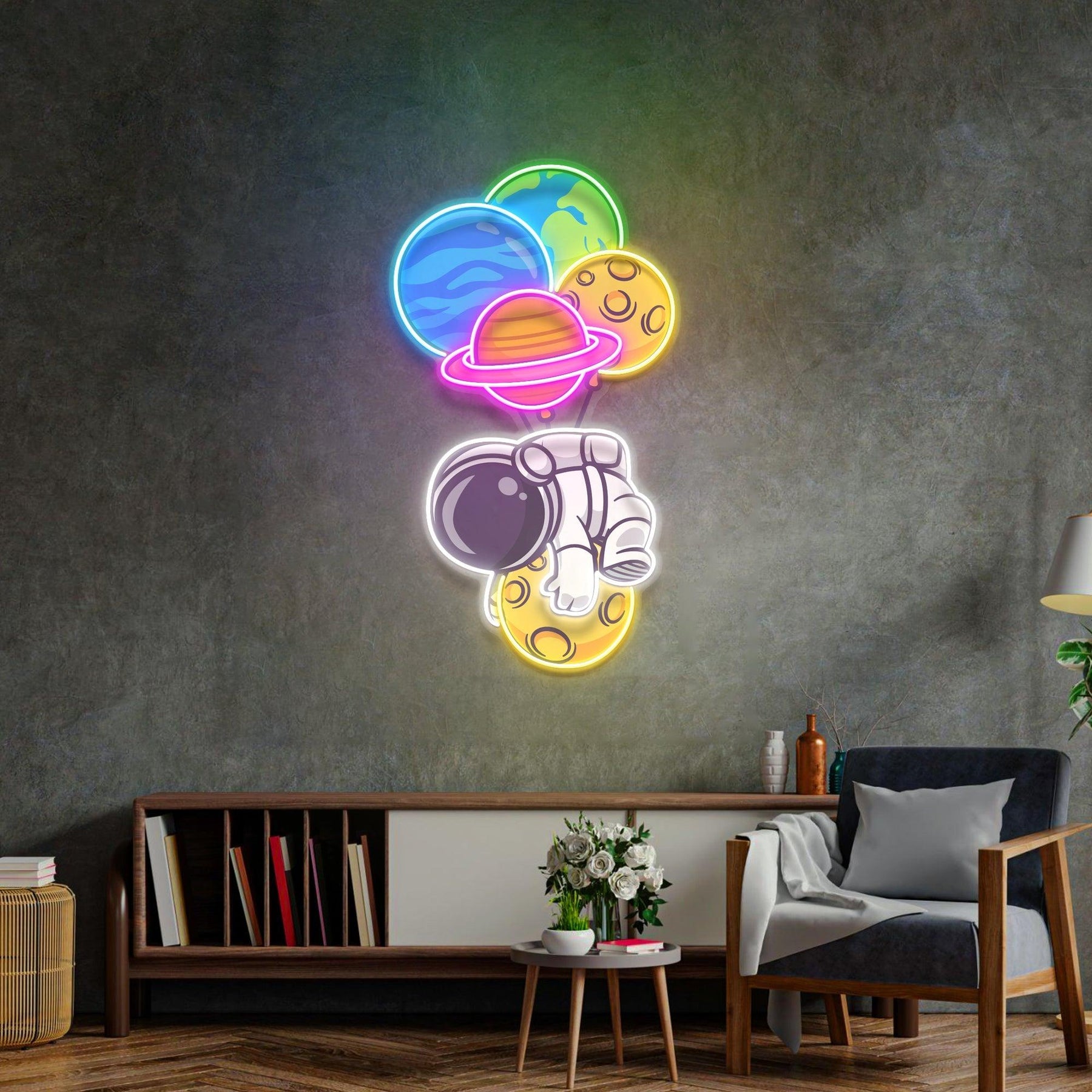 Astronaut umarmt den Planeten LED Neon Acryl Kunstwerk