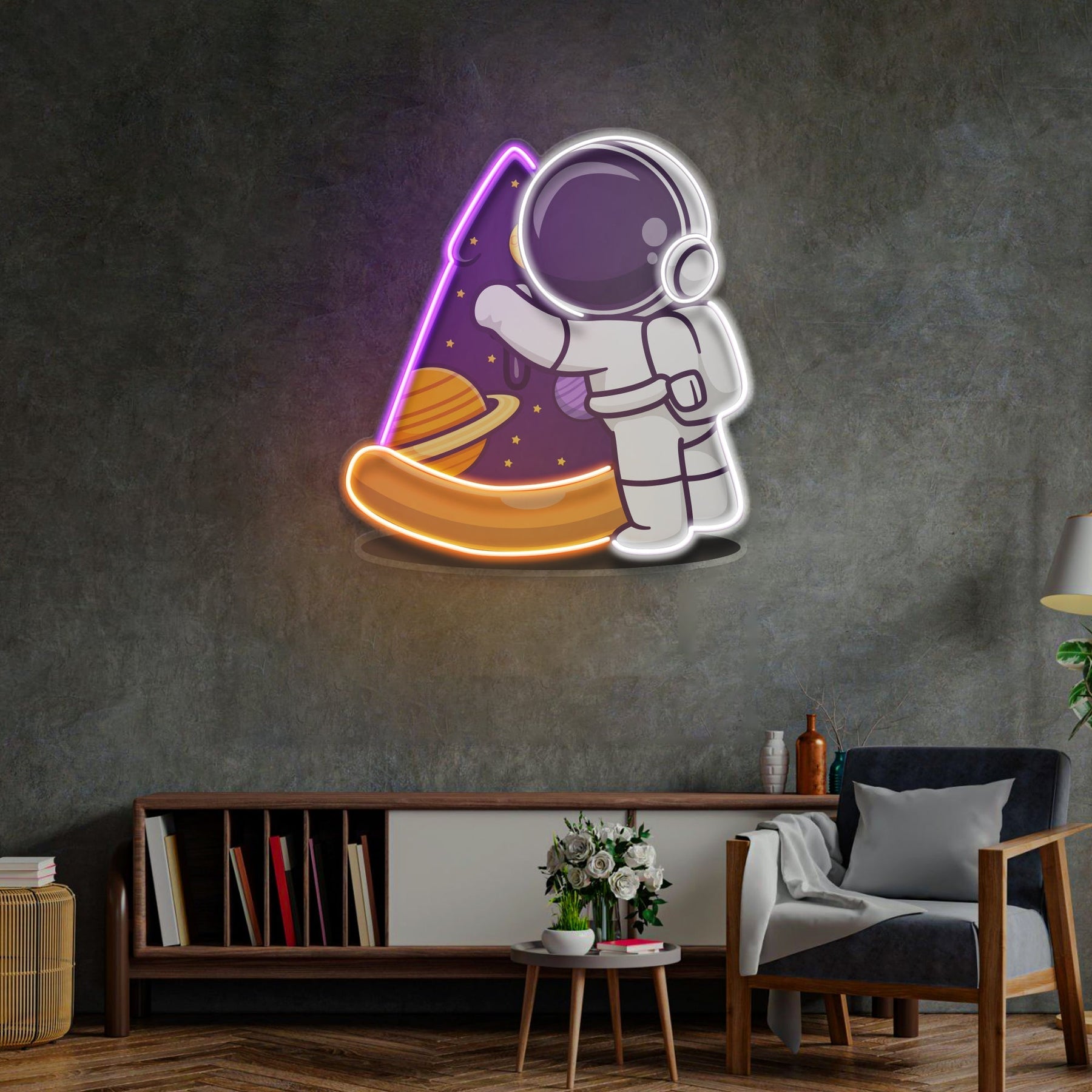 Astronaut Pizza LED Neon Pop Art – Futuristischer Spaß für Ihre Wände