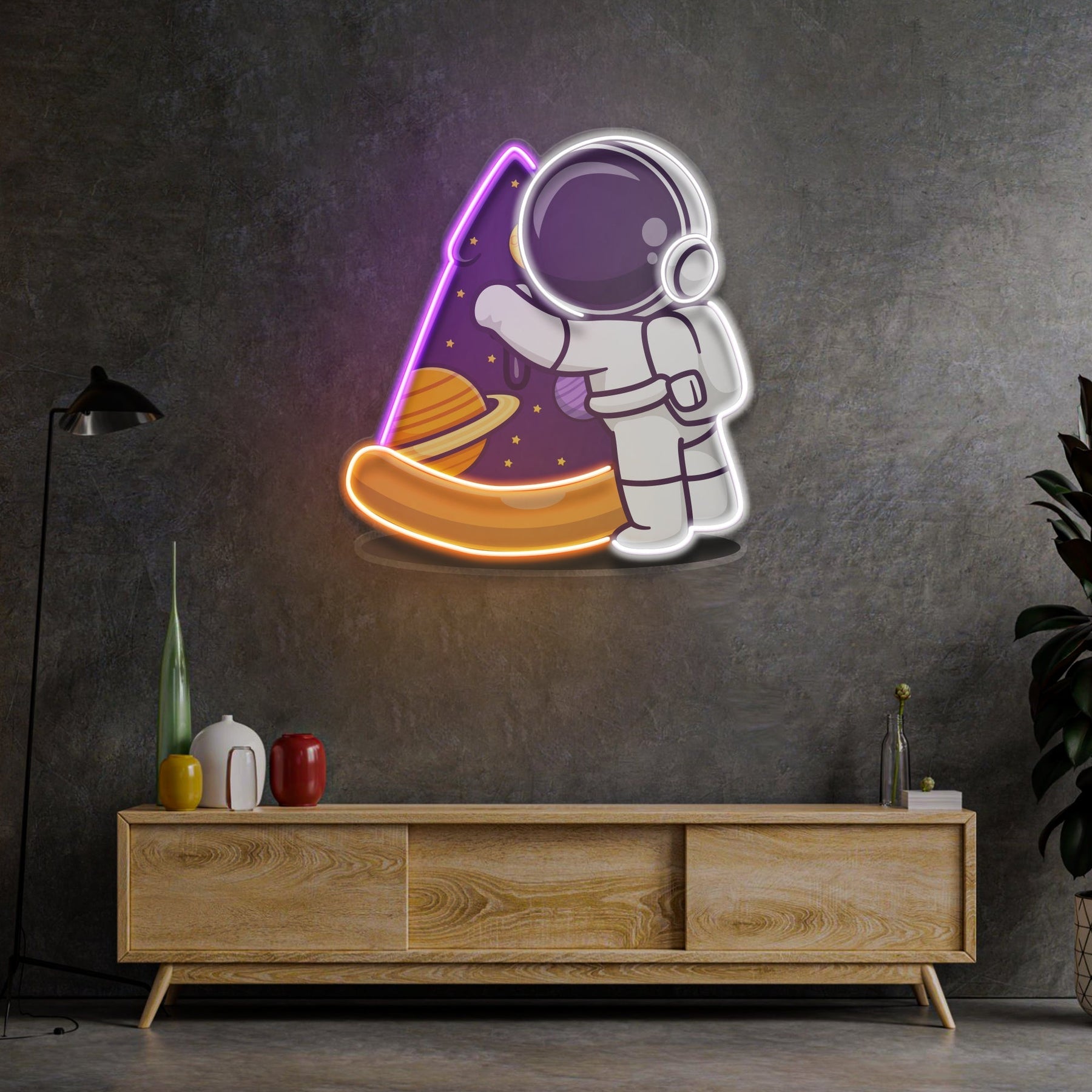 Astronaut Pizza LED Neon Pop Art – Futuristischer Spaß für Ihre Wände