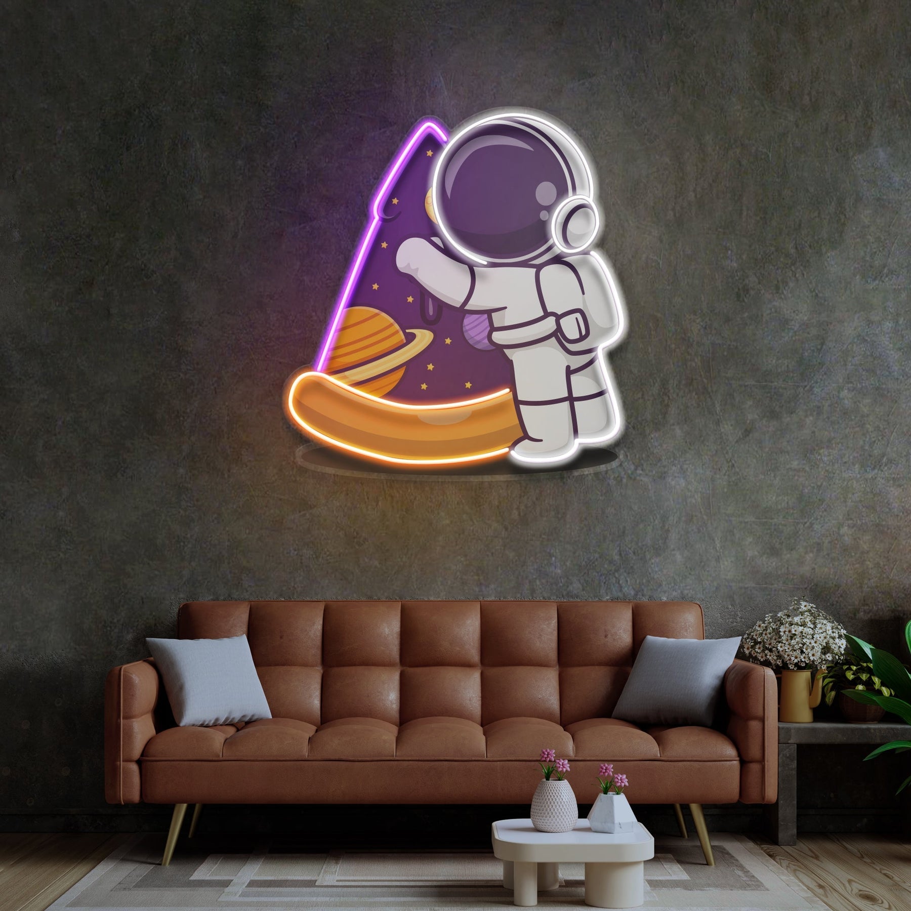 Astronaut Pizza LED Neon Pop Art – Futuristischer Spaß für Ihre Wände