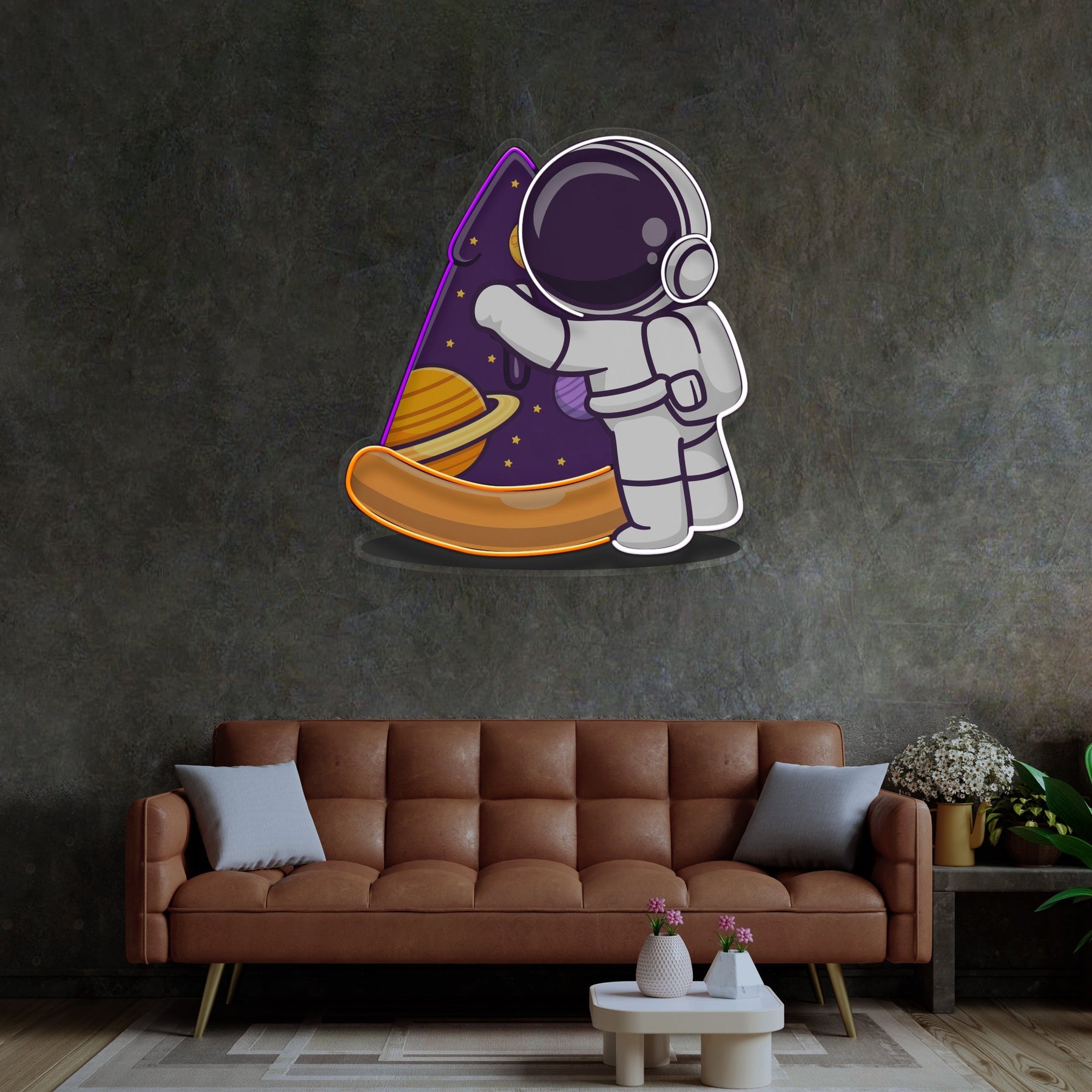 Astronaut Pizza LED Neon Pop Art – Futuristischer Spaß für Ihre Wände