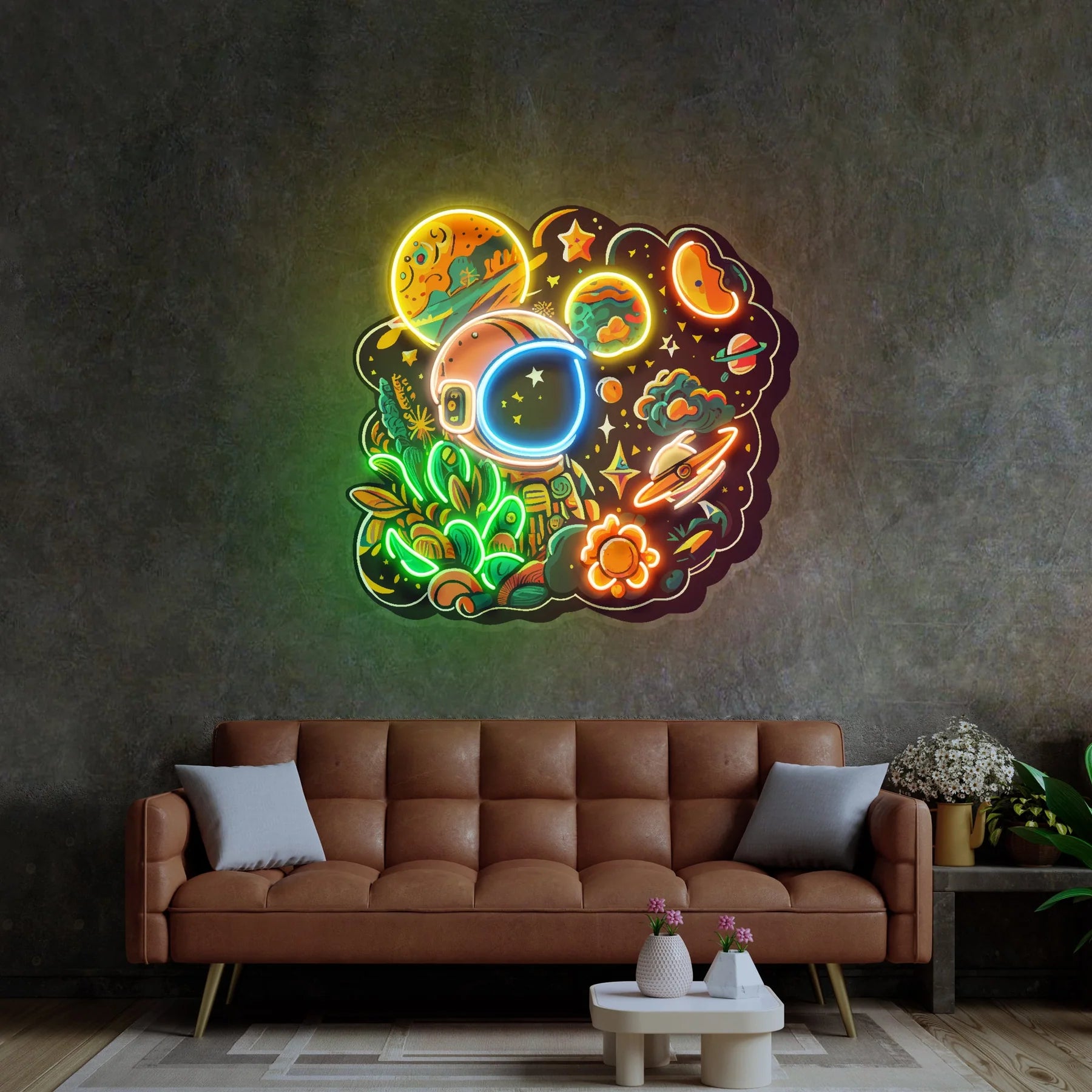 Astronaut Plant Universe LED Neon Schild Licht – Pop Art trifft auf galaktische Eleganz