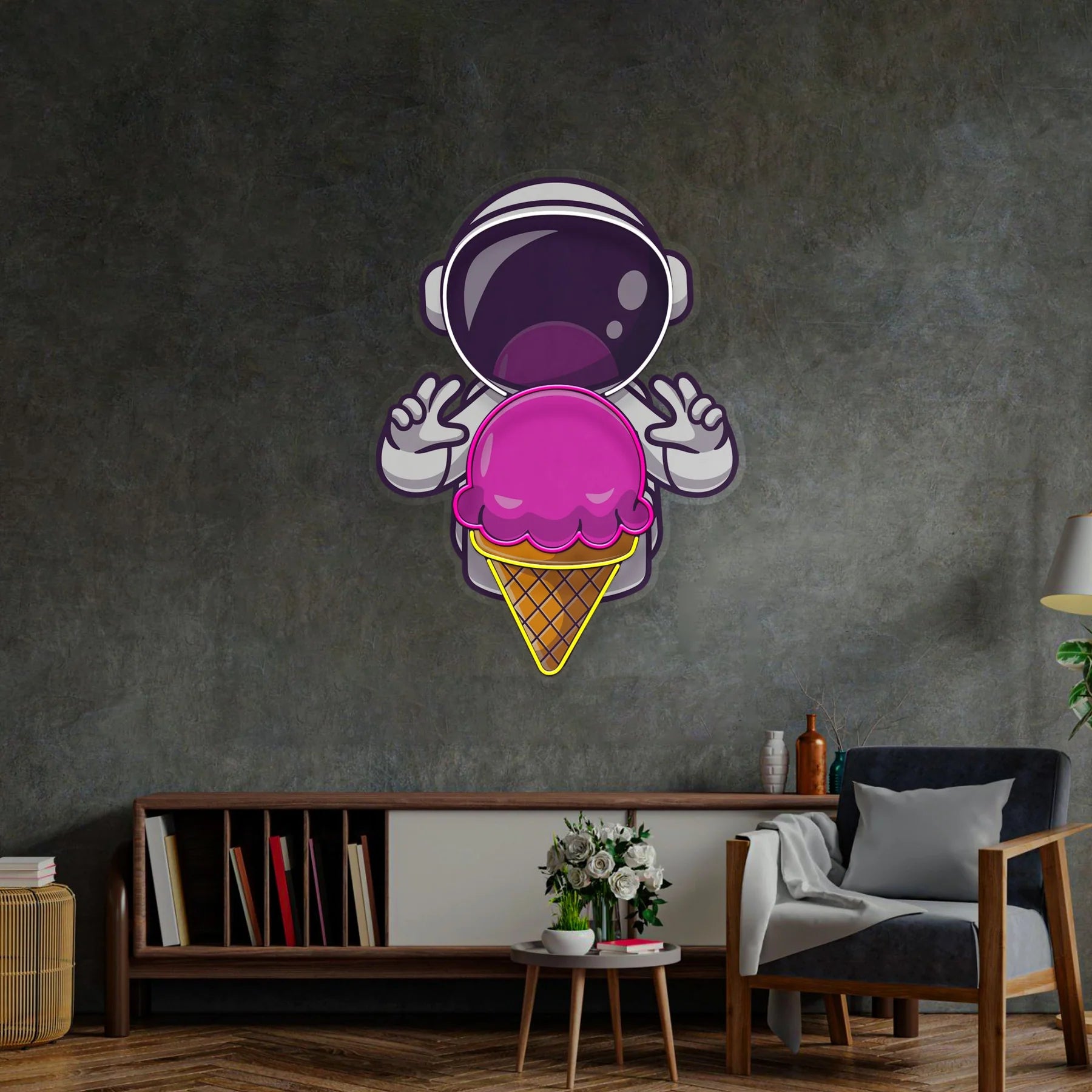 Astronauten Creme Weltraum LED Neon Acryl Kunstwerk