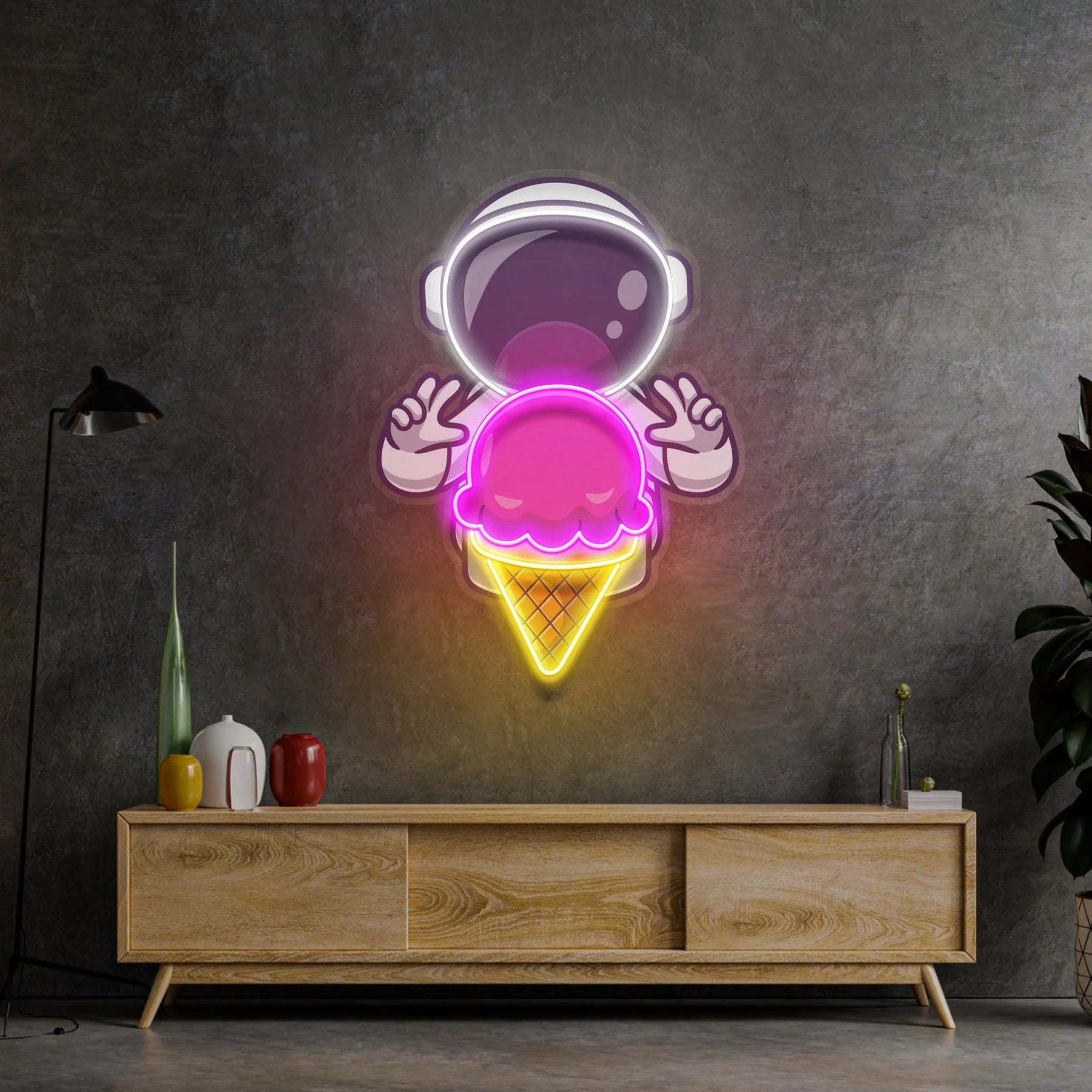 Astronauten Creme Weltraum LED Neon Acryl Kunstwerk