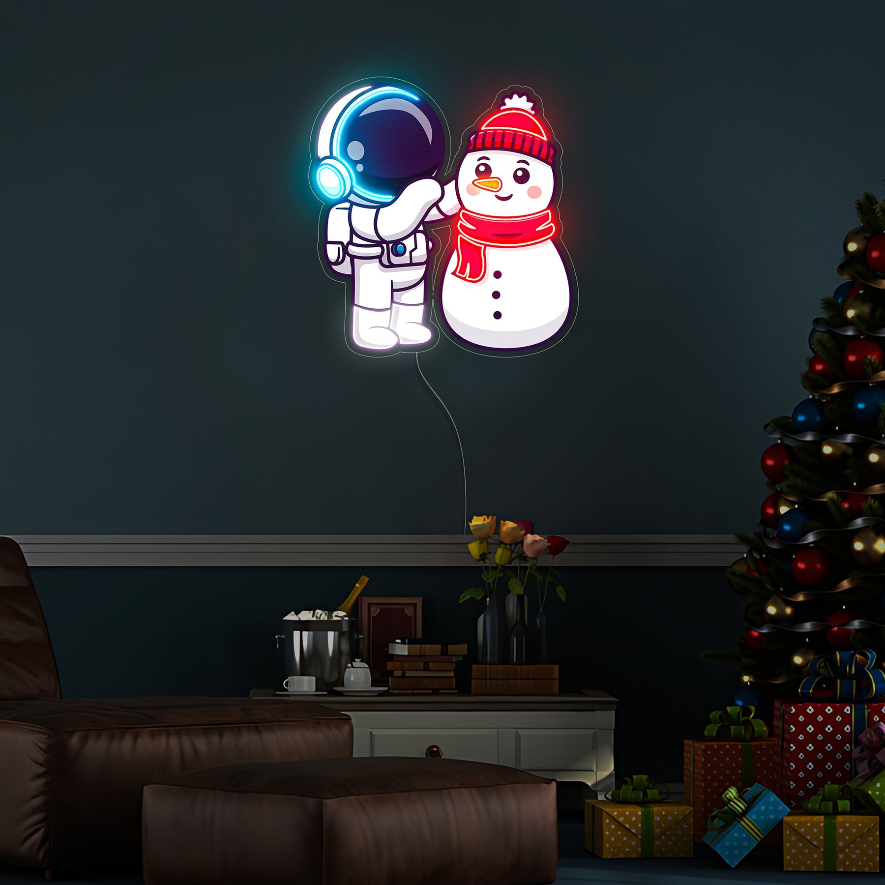Astronauten Schneemann Weihnachts LED Neon Acryl Kunstwerk