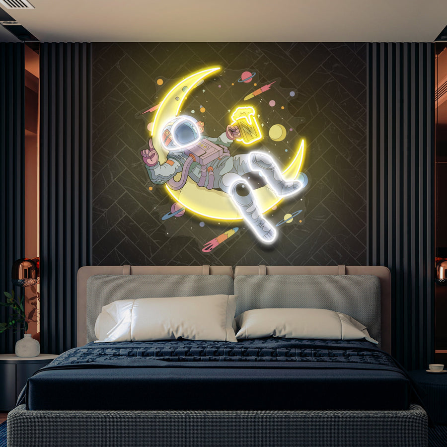 Astronaut mit Bee Ron Mondkunstwerk LED Leuchtreklame
