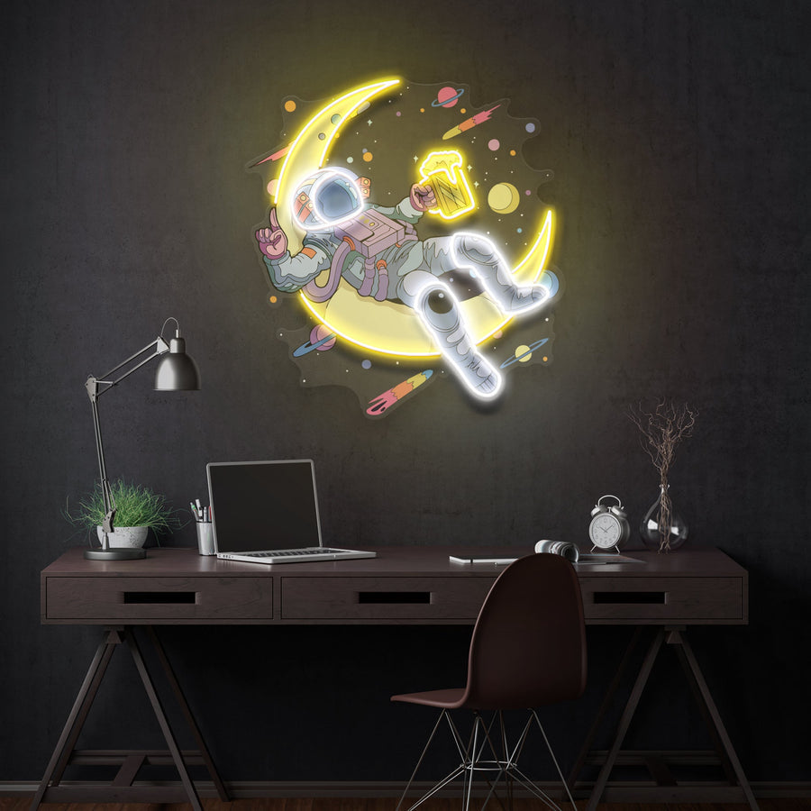 Astronaut mit Bee Ron Mondkunstwerk LED Leuchtreklame