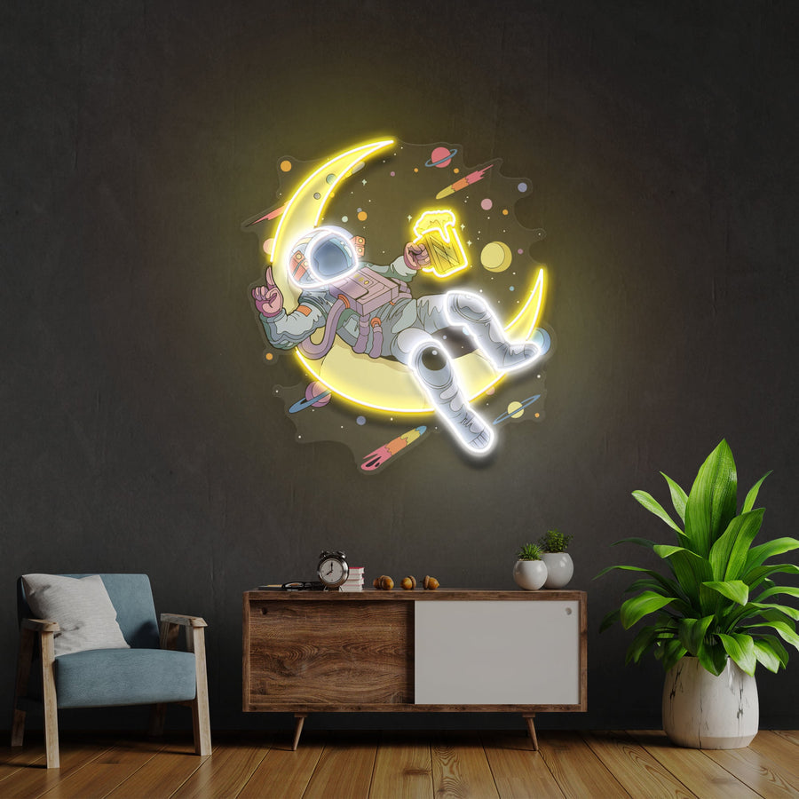 Astronaut mit Bee Ron Mondkunstwerk LED Leuchtreklame