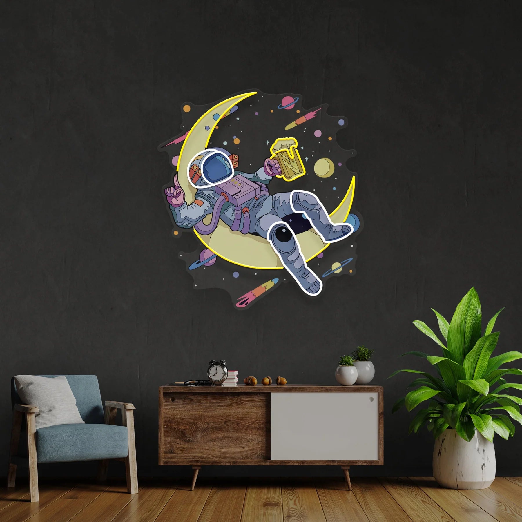 Astronaut mit Bier auf dem Mond-Kunstwerk, LED Leuchtreklame