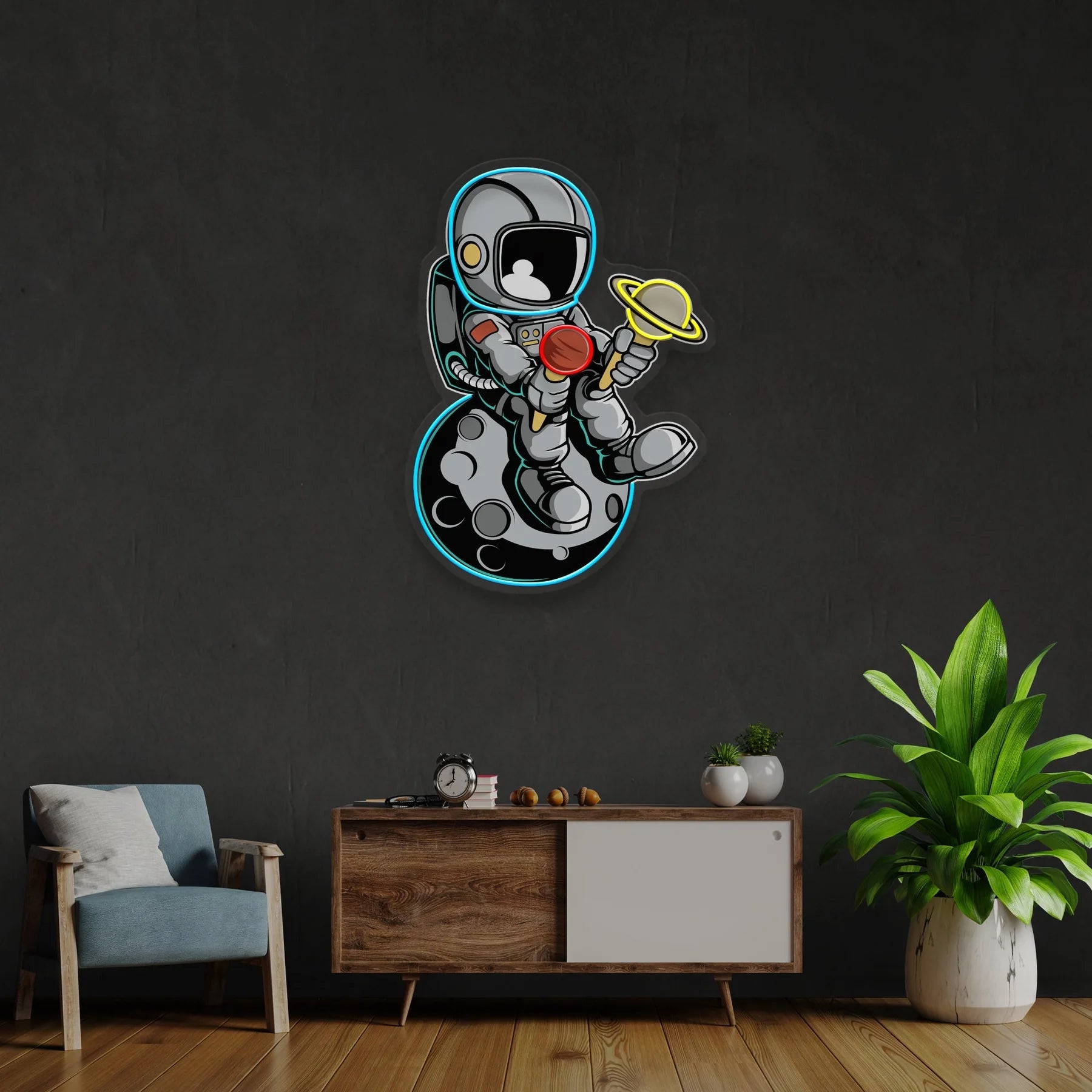 Astronaut mit Eiscreme Kunstwerk – LED Leuchtreklame für kreative und futuristische Dekoration