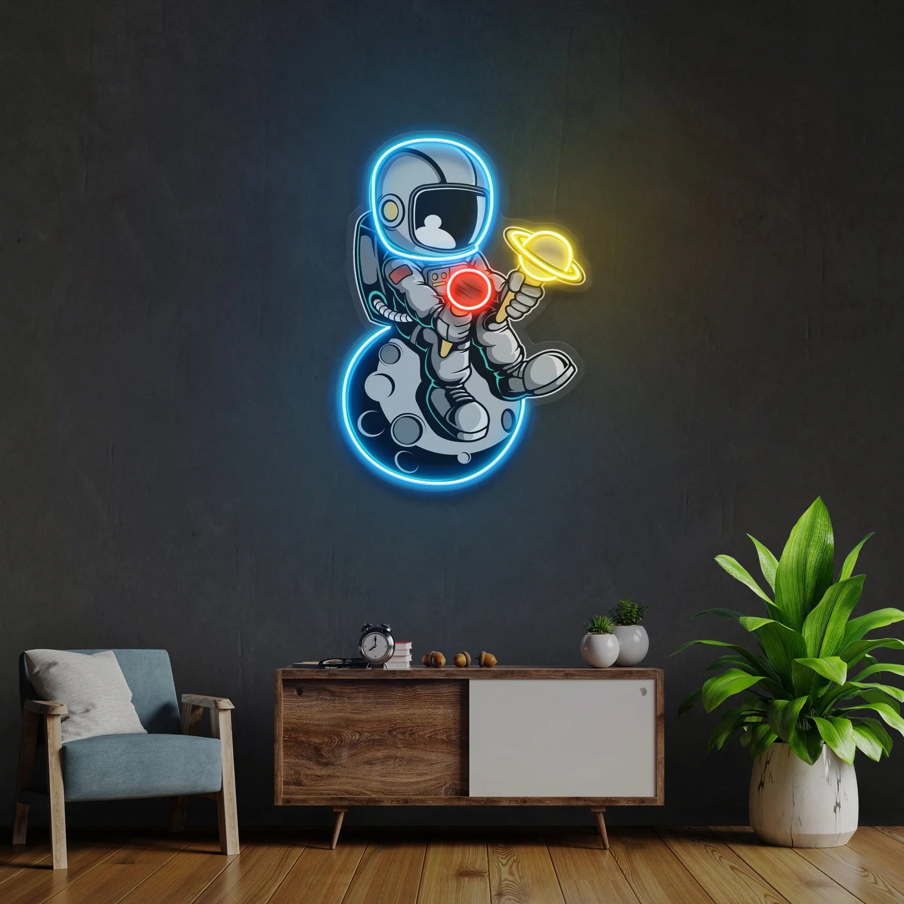 Astronaut mit Eiscreme Kunstwerk – LED Leuchtreklame für kreative und futuristische Dekoration