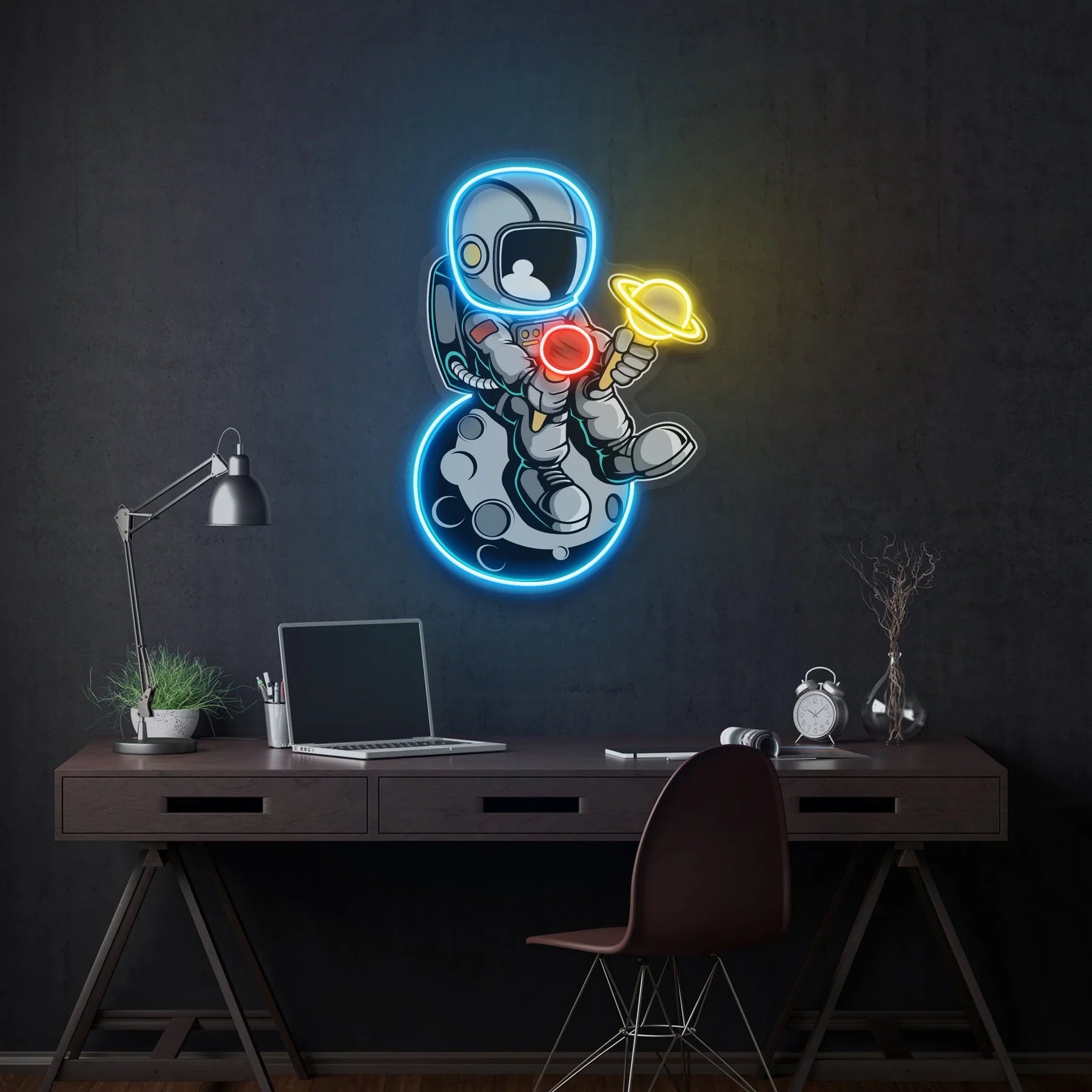 Astronaut mit Eiscreme Kunstwerk – LED Leuchtreklame für kreative und futuristische Dekoration