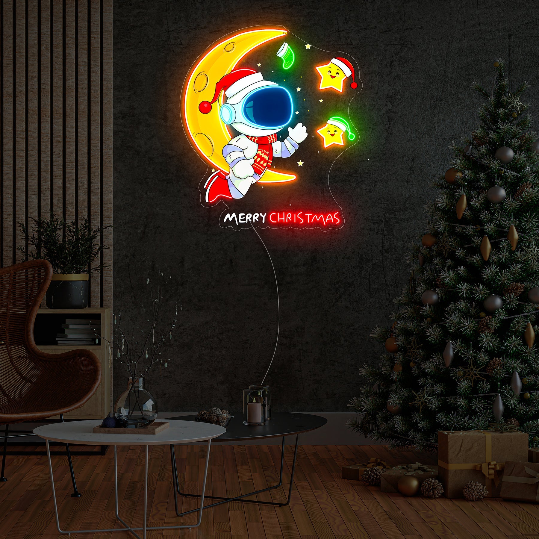 Astronaut mit Mond Weihnachts LED Neon Acryl Kunstwerk