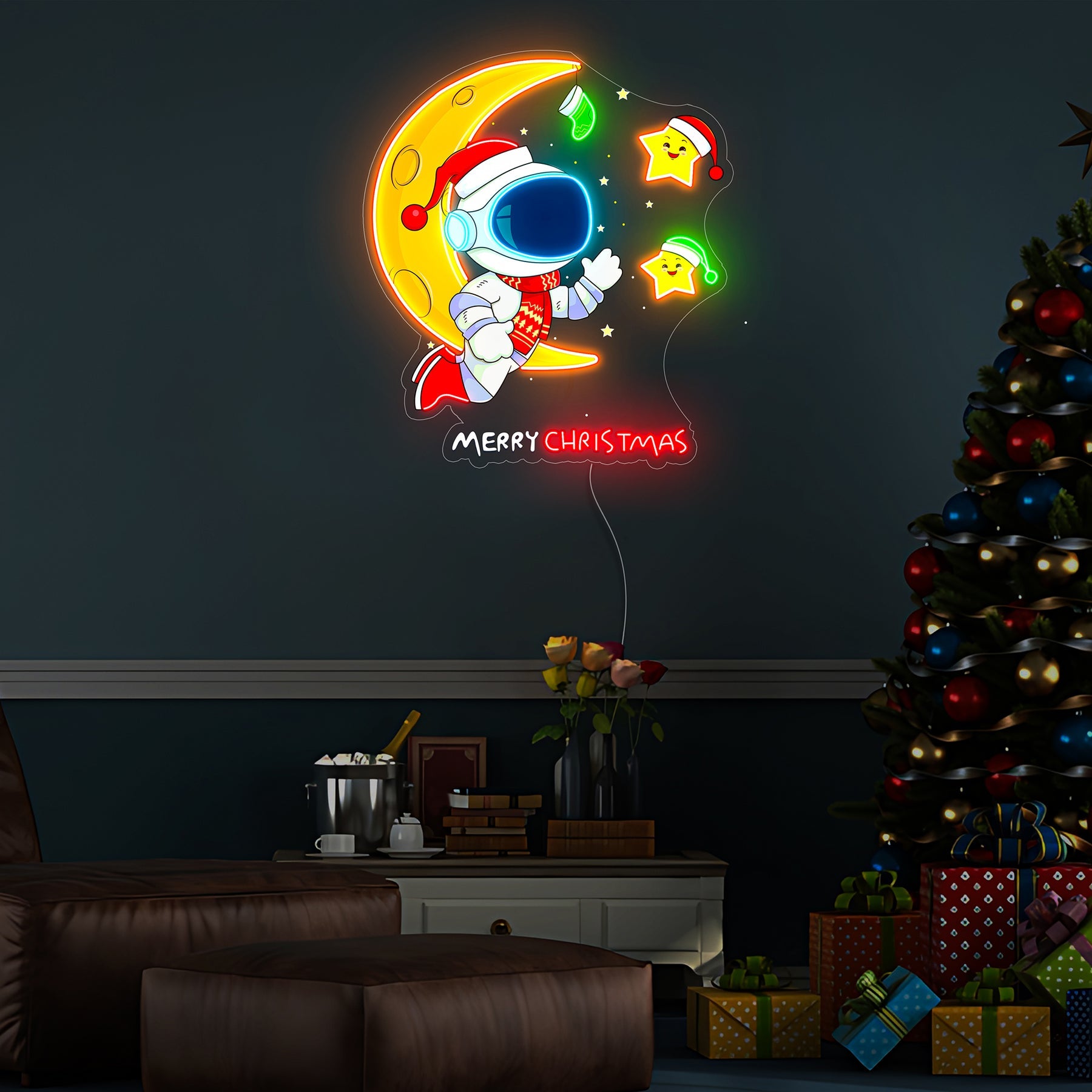 Astronaut mit Mond Weihnachts LED Neon Acryl Kunstwerk