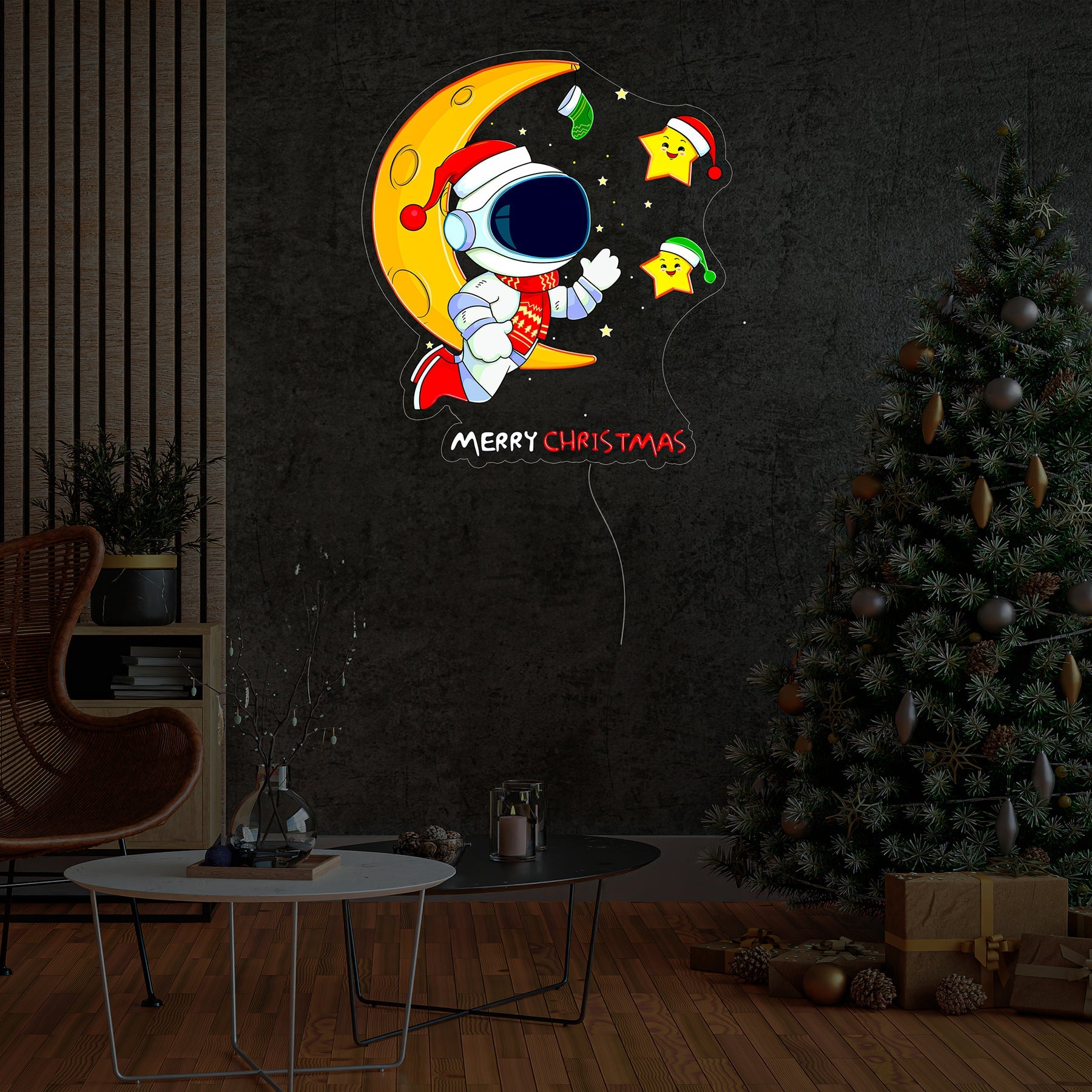 Astronaut mit Mond Weihnachts LED Neon Acryl Kunstwerk