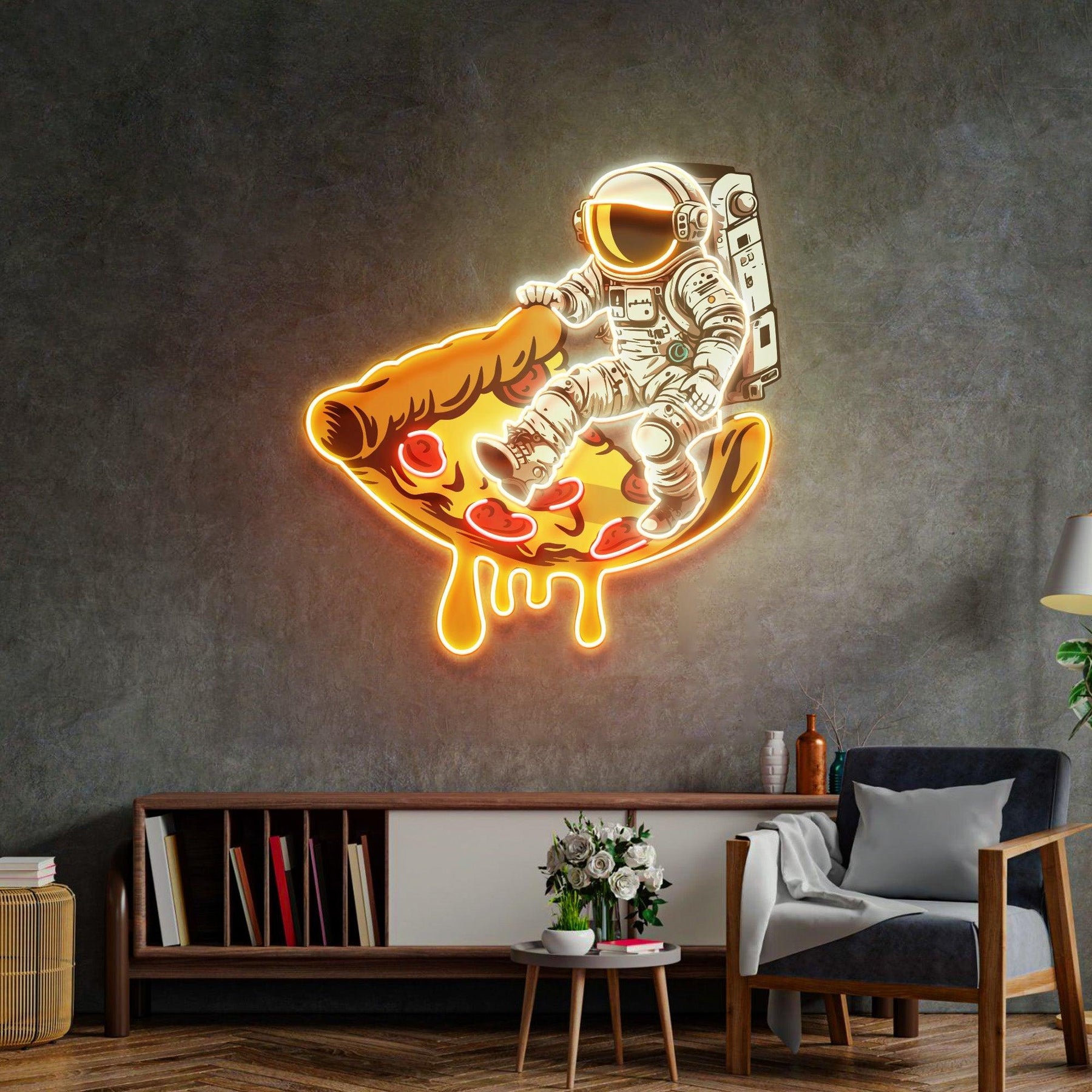 Astronauten LED Neon Acryl Kunstwerk auf Pizzateller