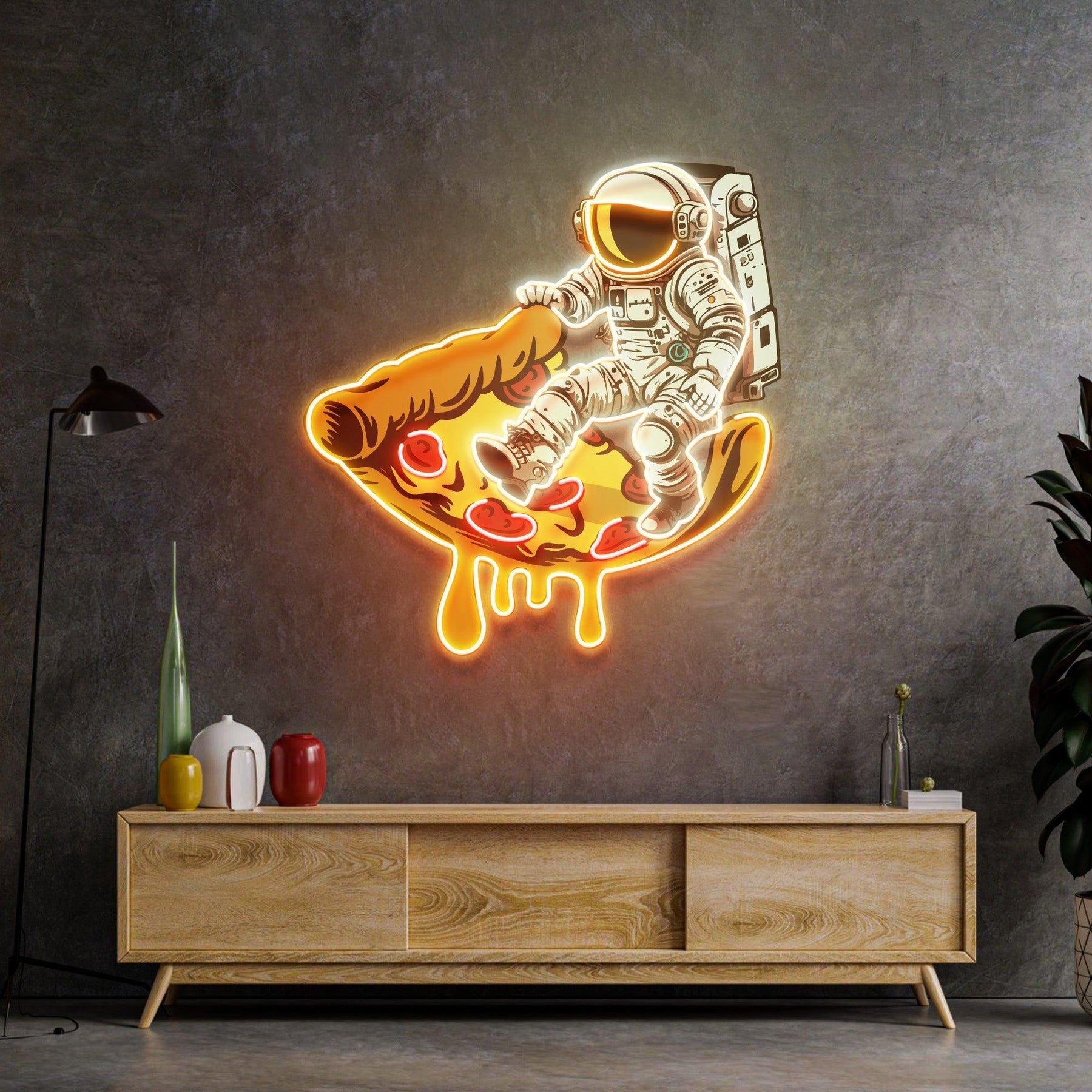 Astronauten LED Neon Acryl Kunstwerk auf Pizzateller