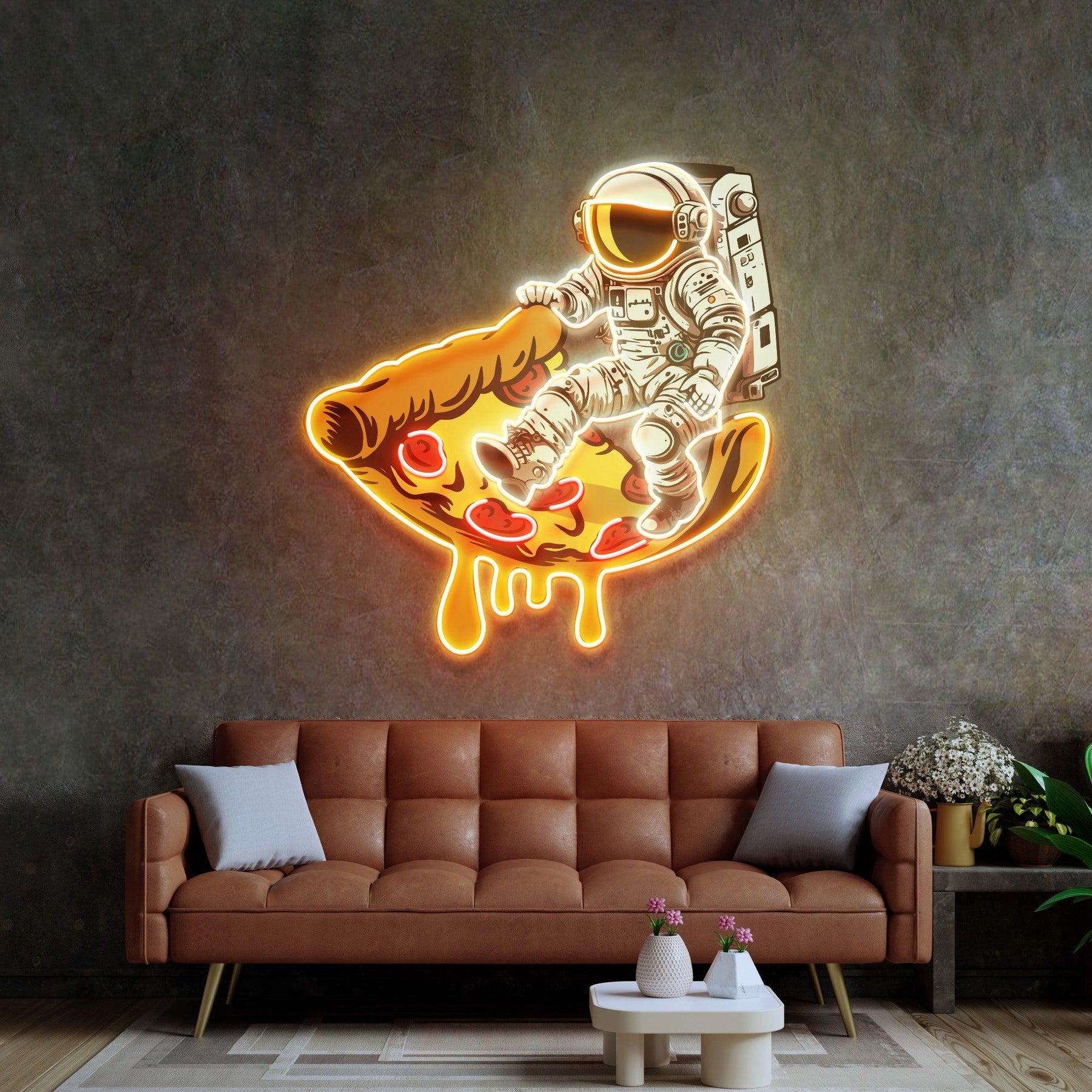 Astronauten LED Neon Acryl Kunstwerk auf Pizzateller