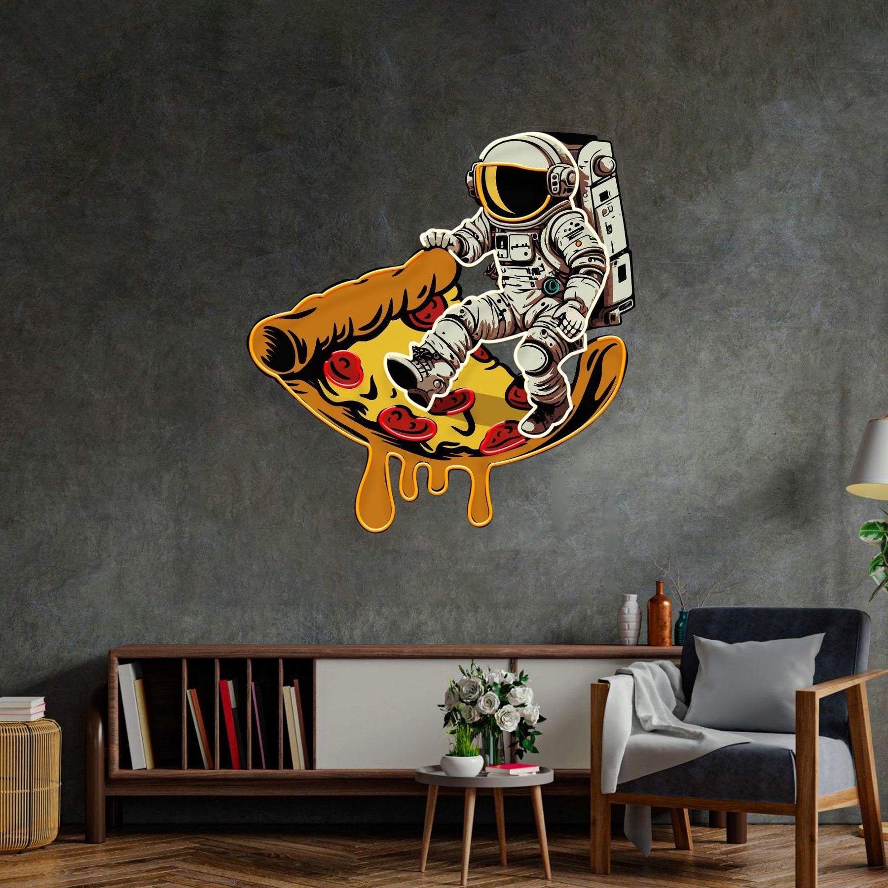 Astronauten LED Neon Acryl Kunstwerk auf Pizzateller