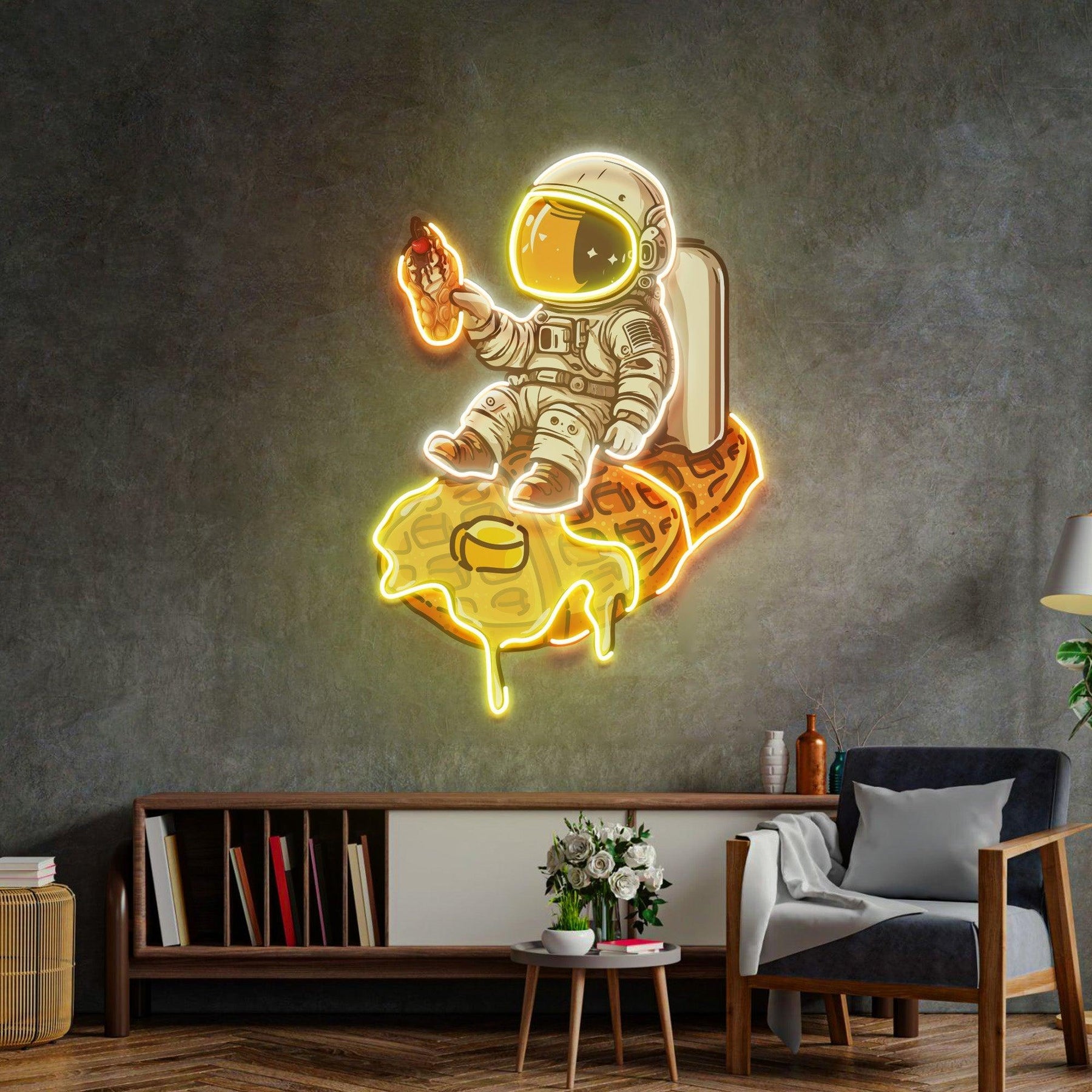 Astronaut auf Waffel LED Neon Acryl Kunstwerk – Eine süße Reise ins Weltall