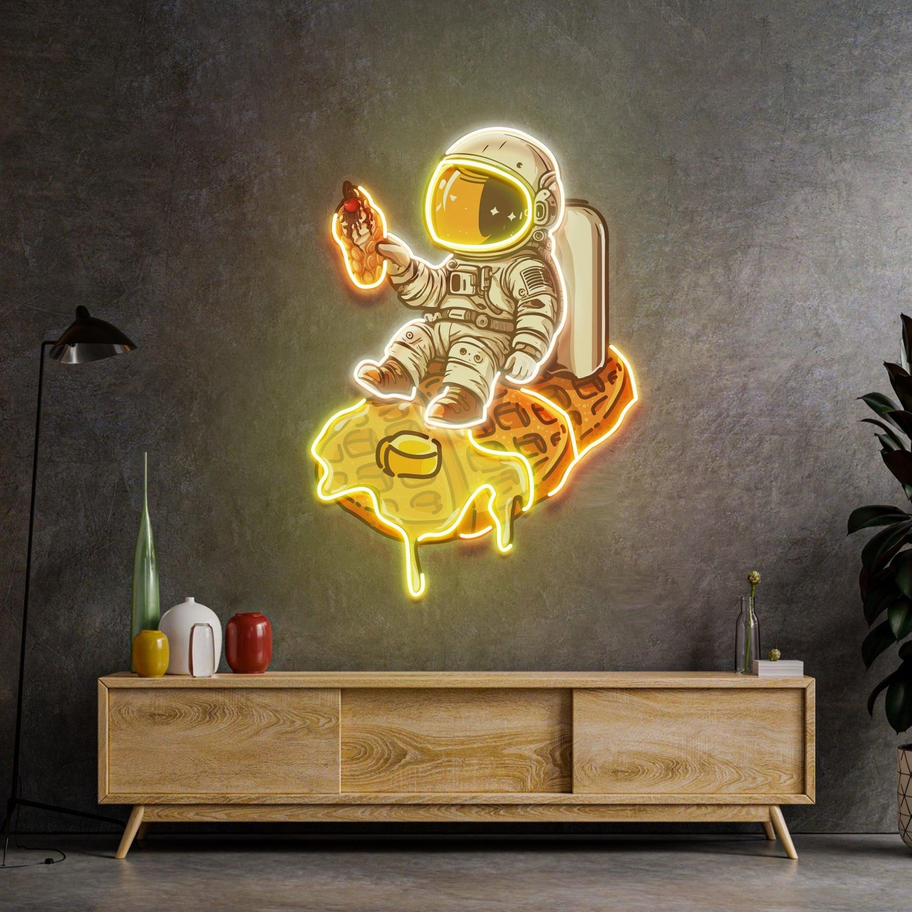 Astronaut auf Waffel LED Neon Acryl Kunstwerk – Eine süße Reise ins Weltall