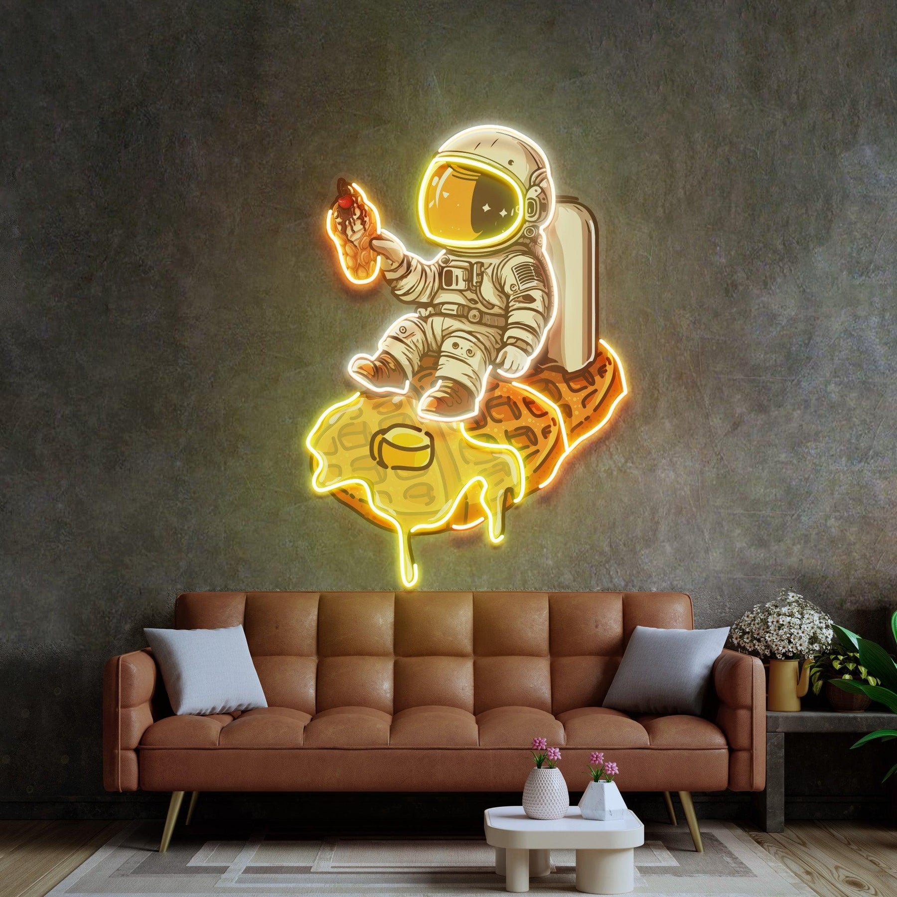 Astronaut auf Waffel LED Neon Acryl Kunstwerk – Eine süße Reise ins Weltall