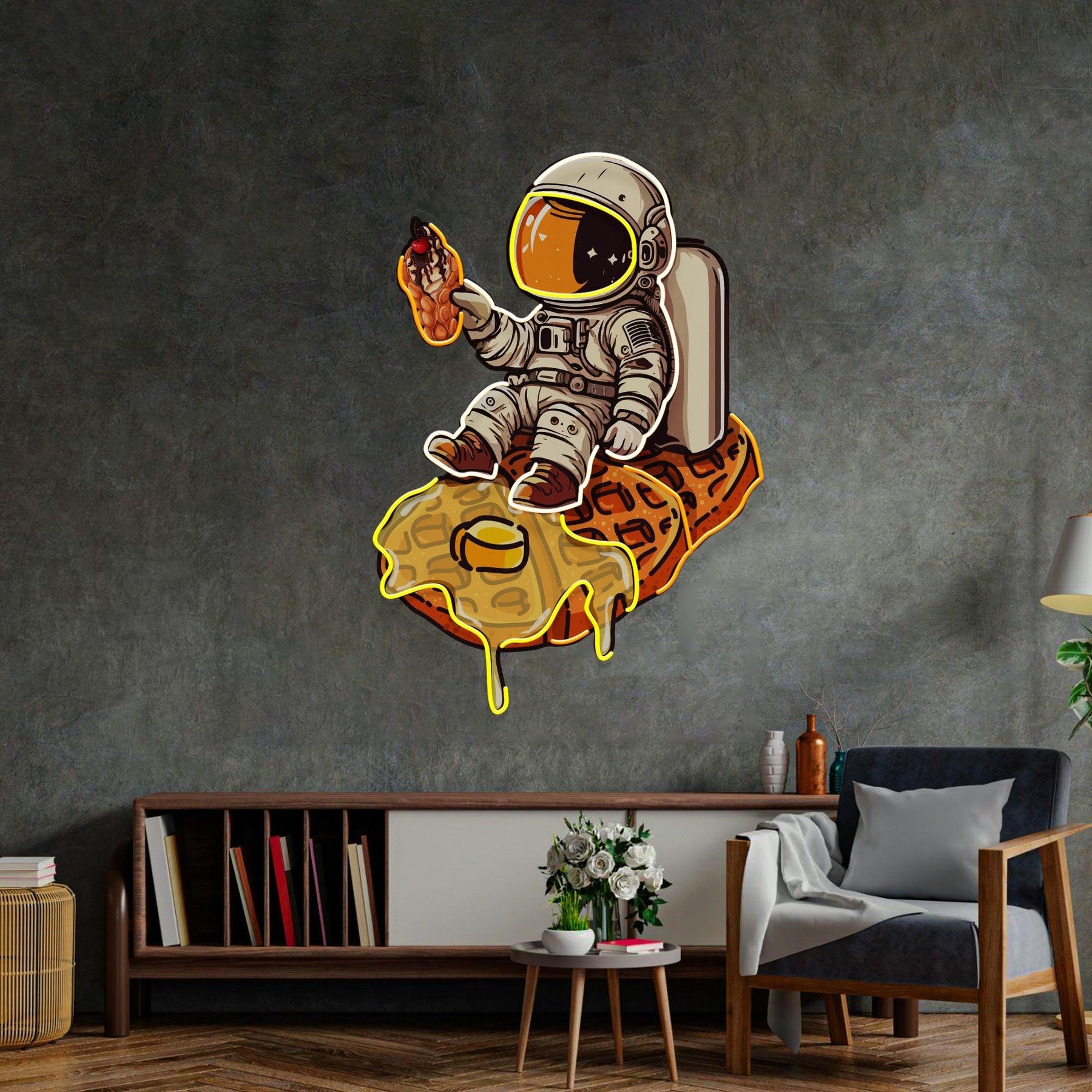 Astronaut auf Waffel LED Neon Acryl Kunstwerk – Eine süße Reise ins Weltall