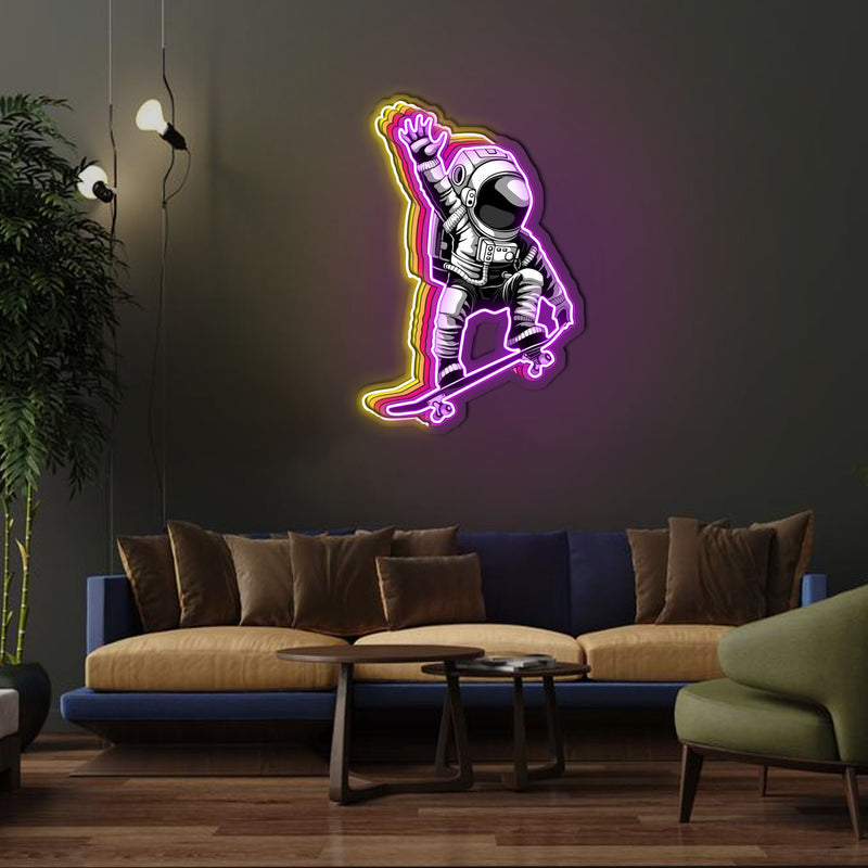 Astronauten und Skateboard Neonkunstwerk