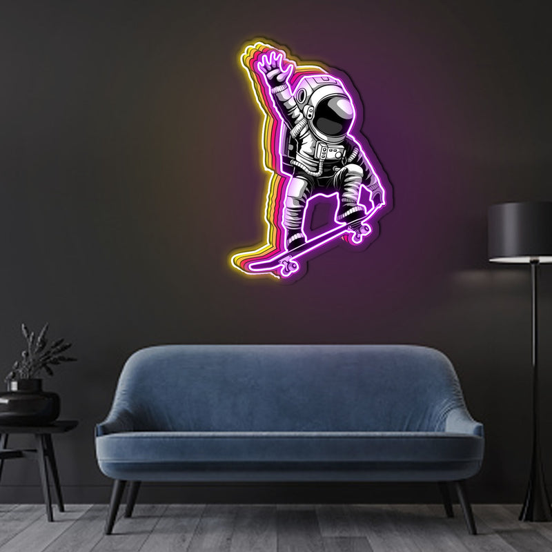 Astronauten und Skateboard Neonkunstwerk