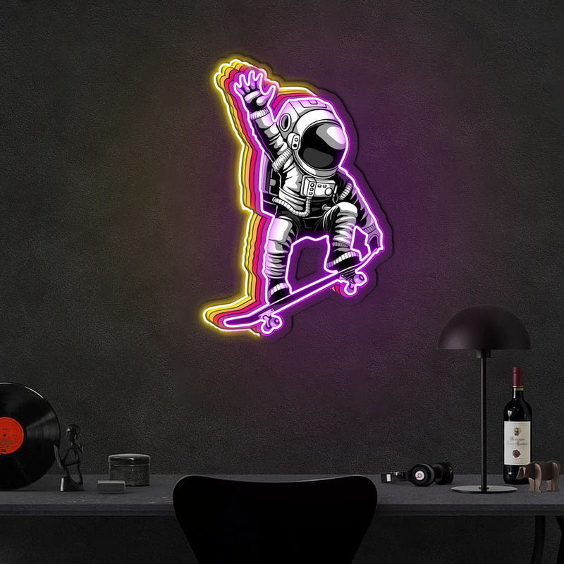 Astronauten und Skateboard Neonkunstwerk