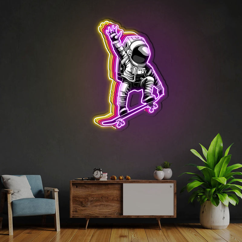 Astronauten und Skateboard Neonkunstwerk