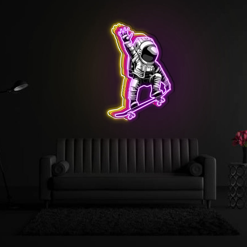 Astronauten und Skateboard Neonkunstwerk
