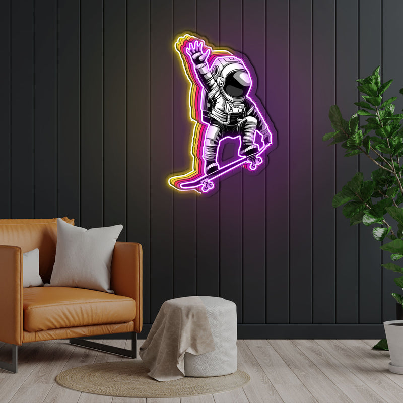 Astronauten und Skateboard Neonkunstwerk