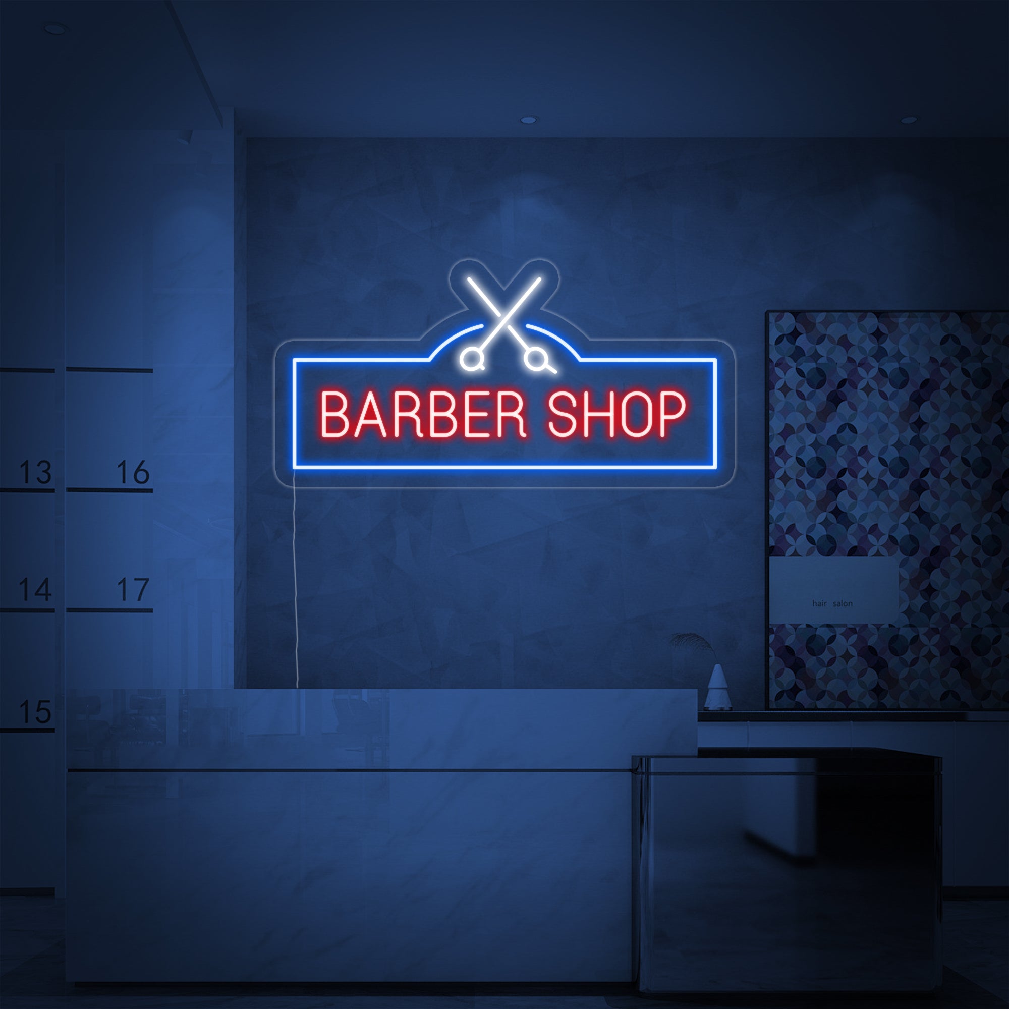 "Barber Shop, Friseurschere" Neonschrift, Barbershop Leuchtreklame, Barbershop Leuchtschild