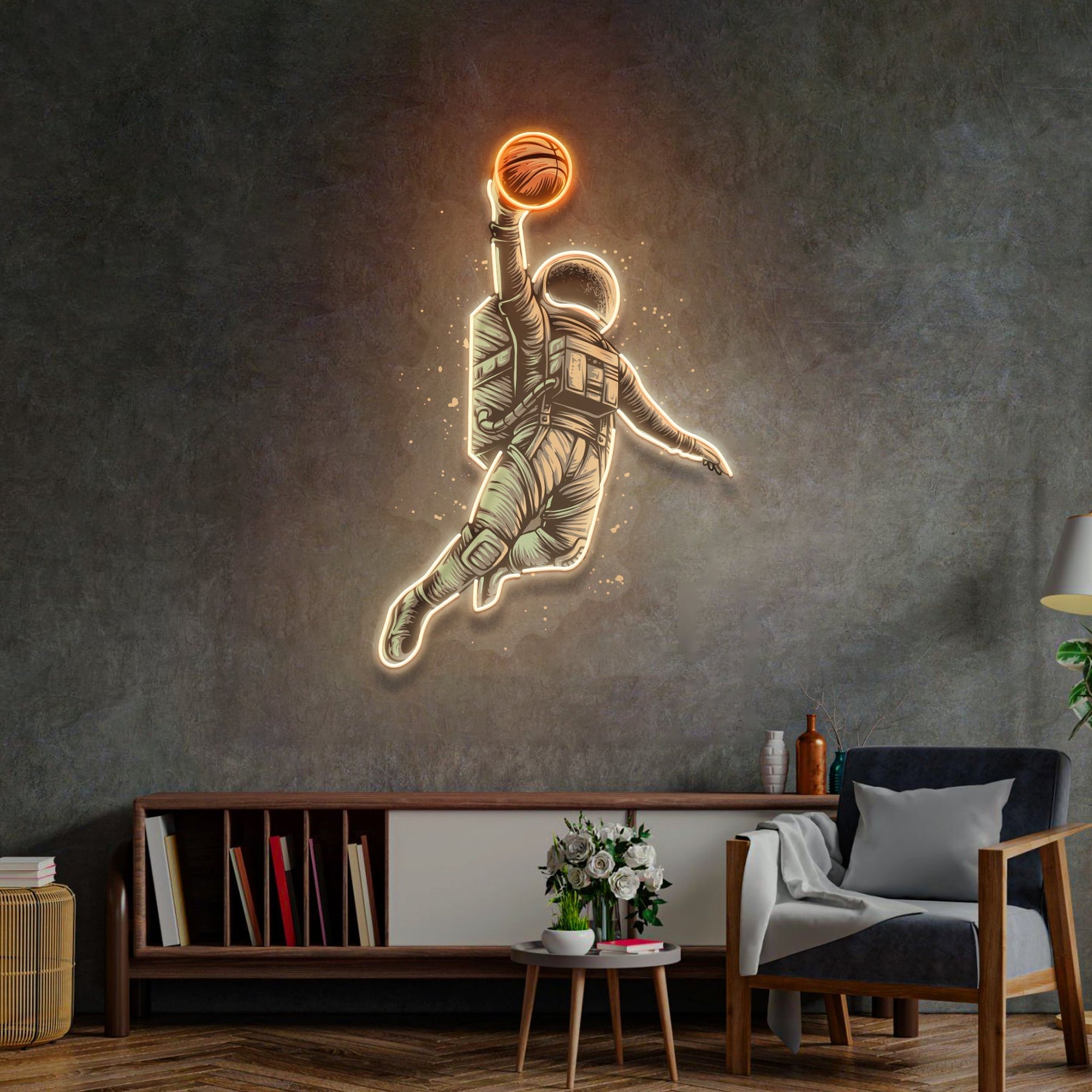 Basketball schießendes Astronauten LED Neon Acryl Kunstwerk