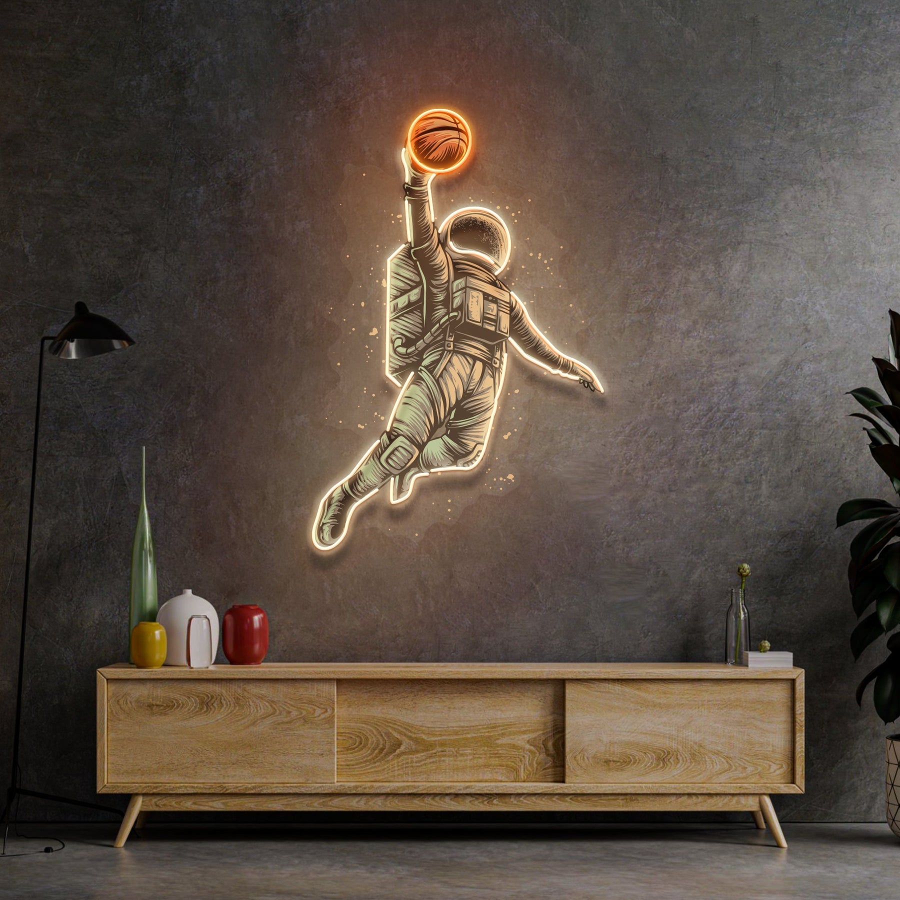 Basketball schießendes Astronauten LED Neon Acryl Kunstwerk