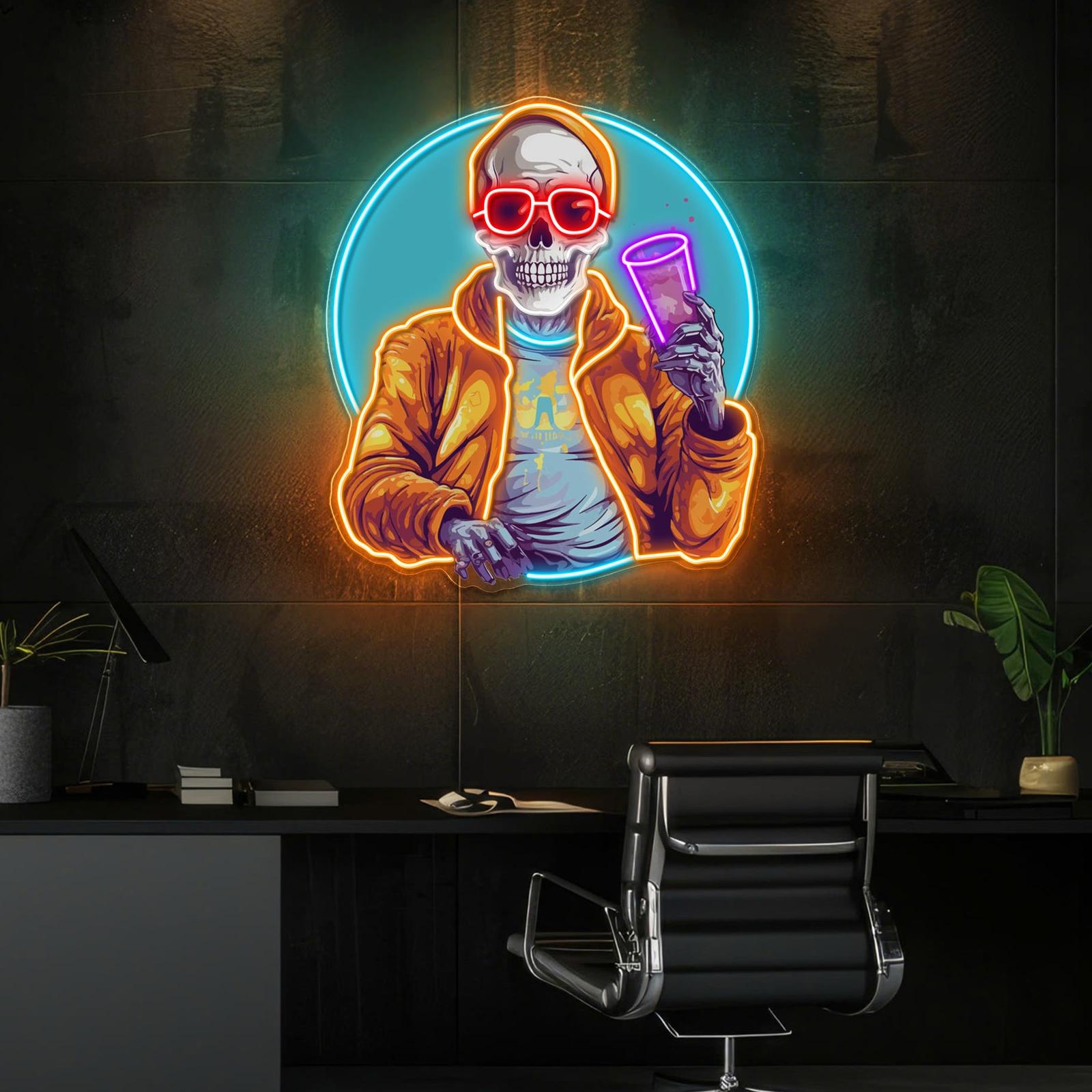 Betrunkener Totenkopf mit Bierbecher, Leuchtreklame, Lichtkunstwerk